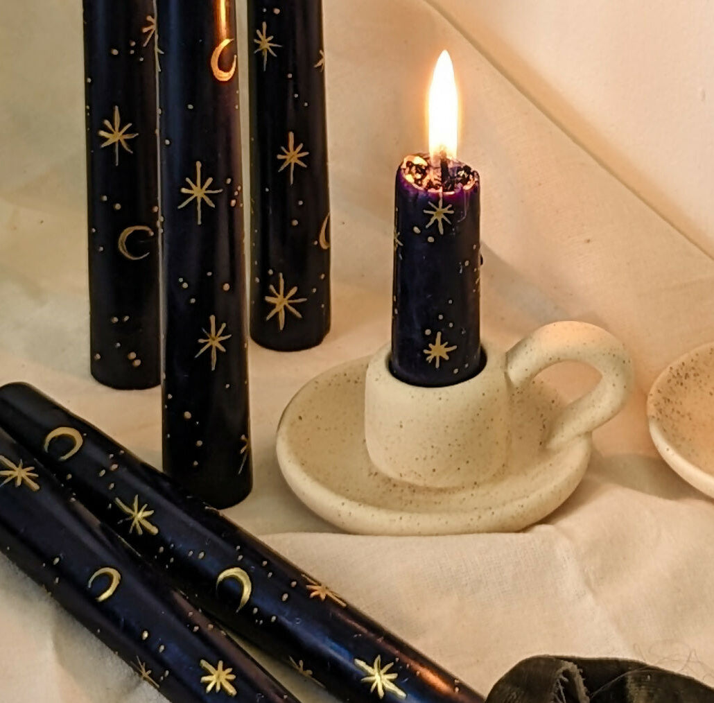 Hand-Painted Midnight Blue Star and Moon Taper Candle