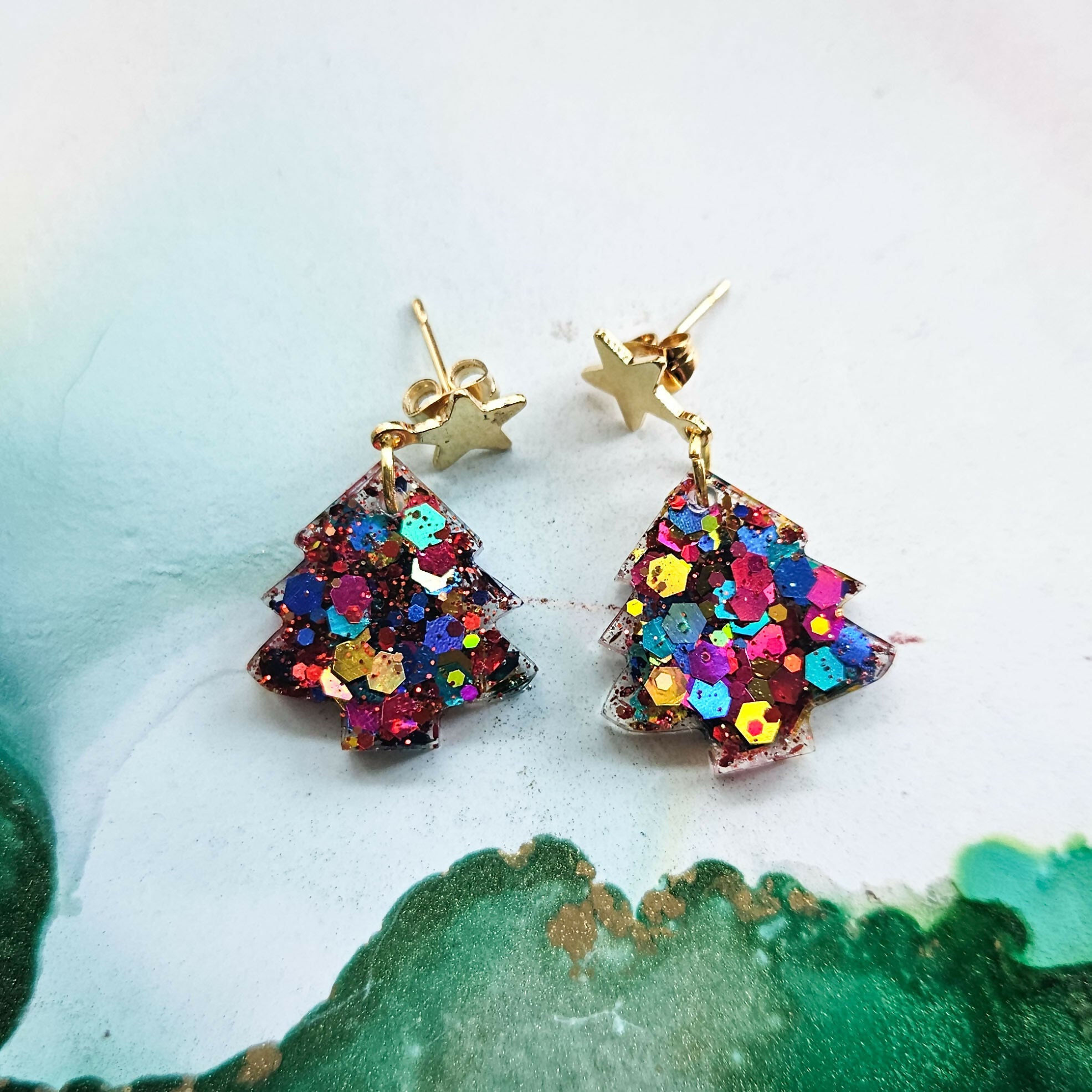 Handmade Glitter Christmas Trees Earrings With Star Studs