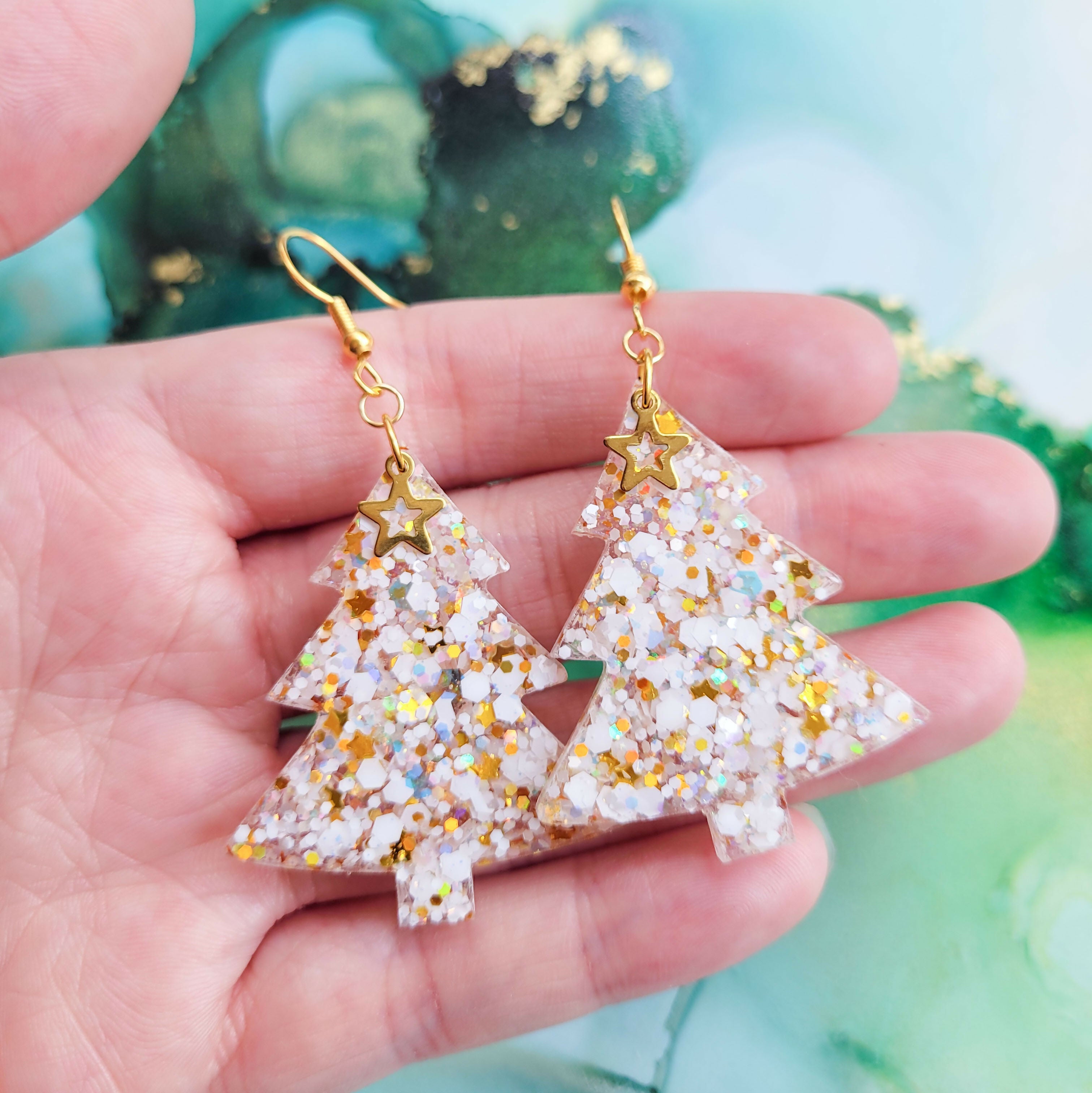 Handmade XL Glitter Resin Christmas Trees Earrings