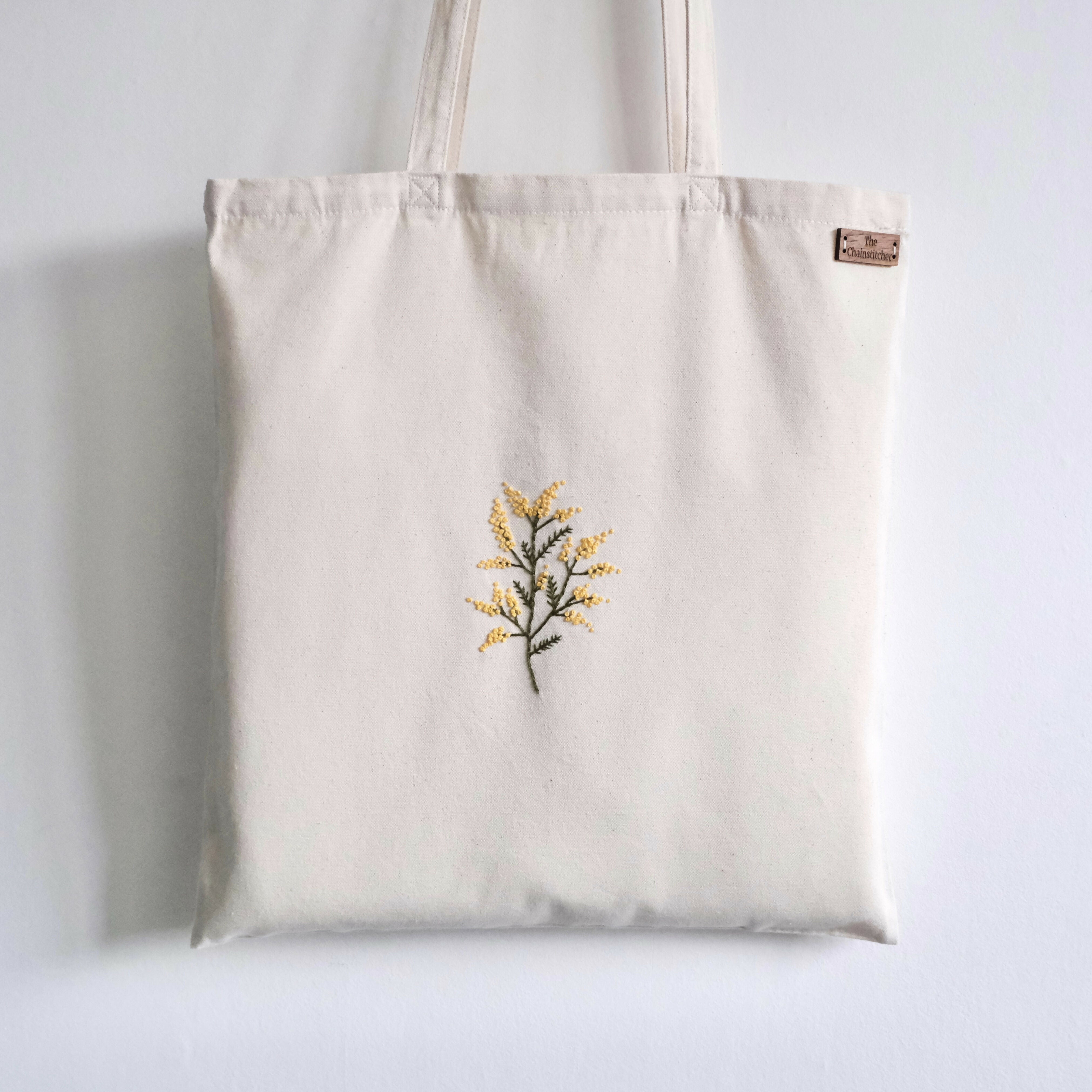 Hand Embroidered Mimosa Flower Tote Bag