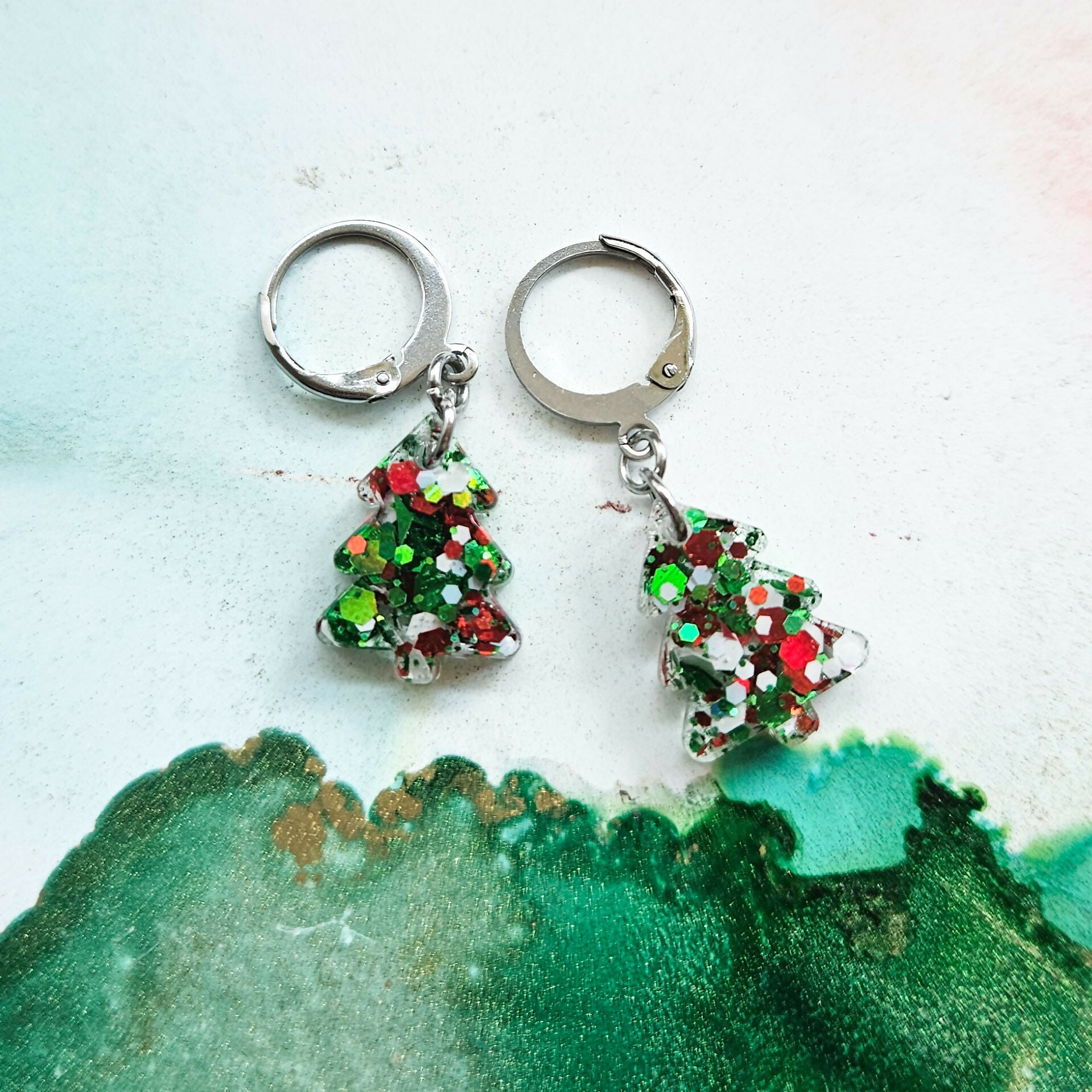 Handmade Glitter Resin Christmas Tree Charms On Huggie Hoops