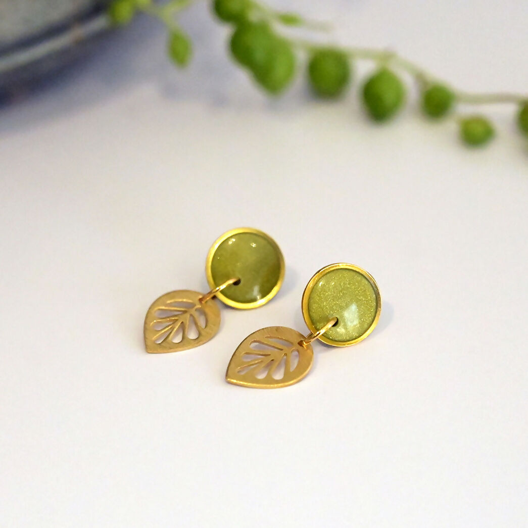 Olive and Gold Botanical Dangle Earrings - Handmade Polymer Clay - Polly Plant