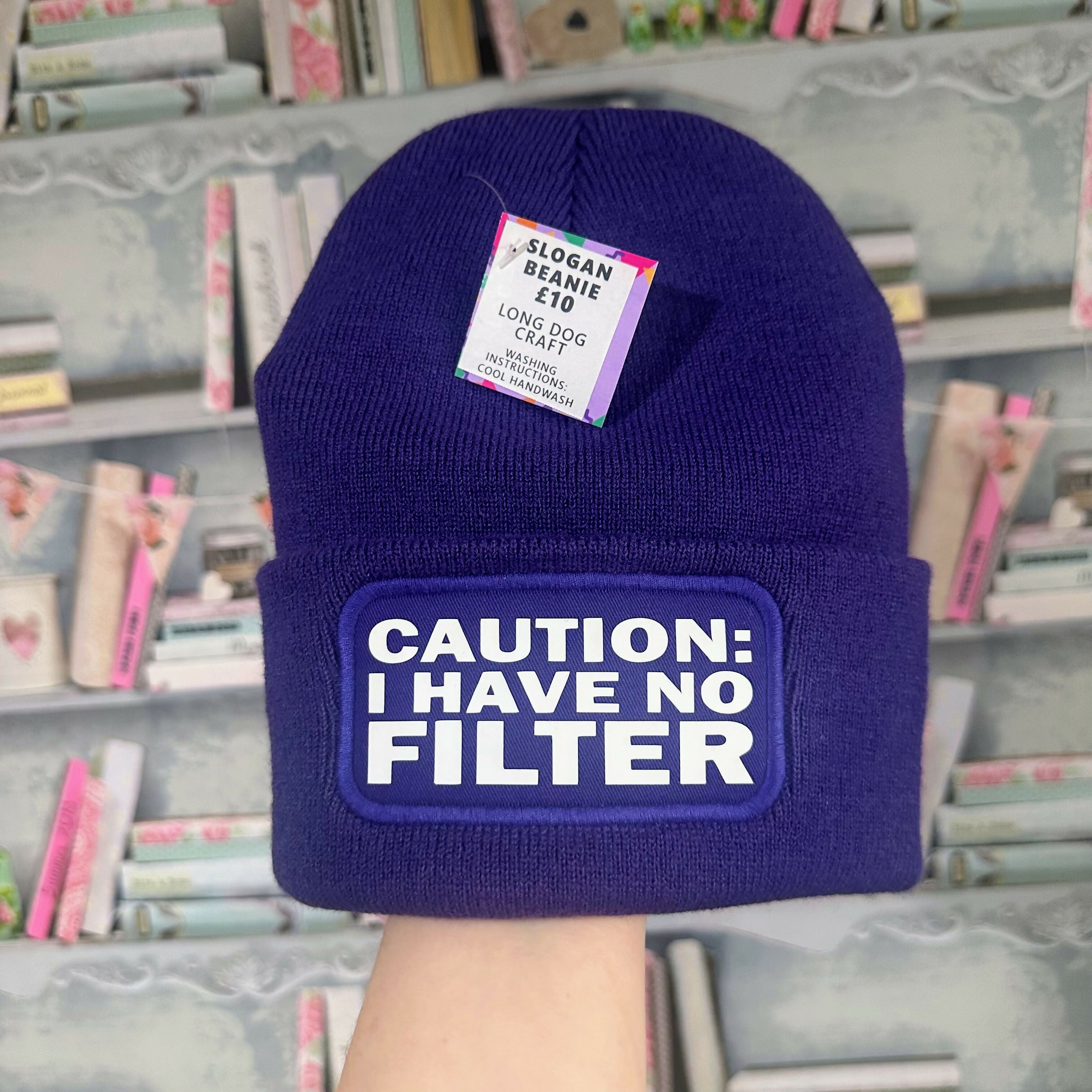 Caution Cuffed Rectangular Patch Beanie Hat