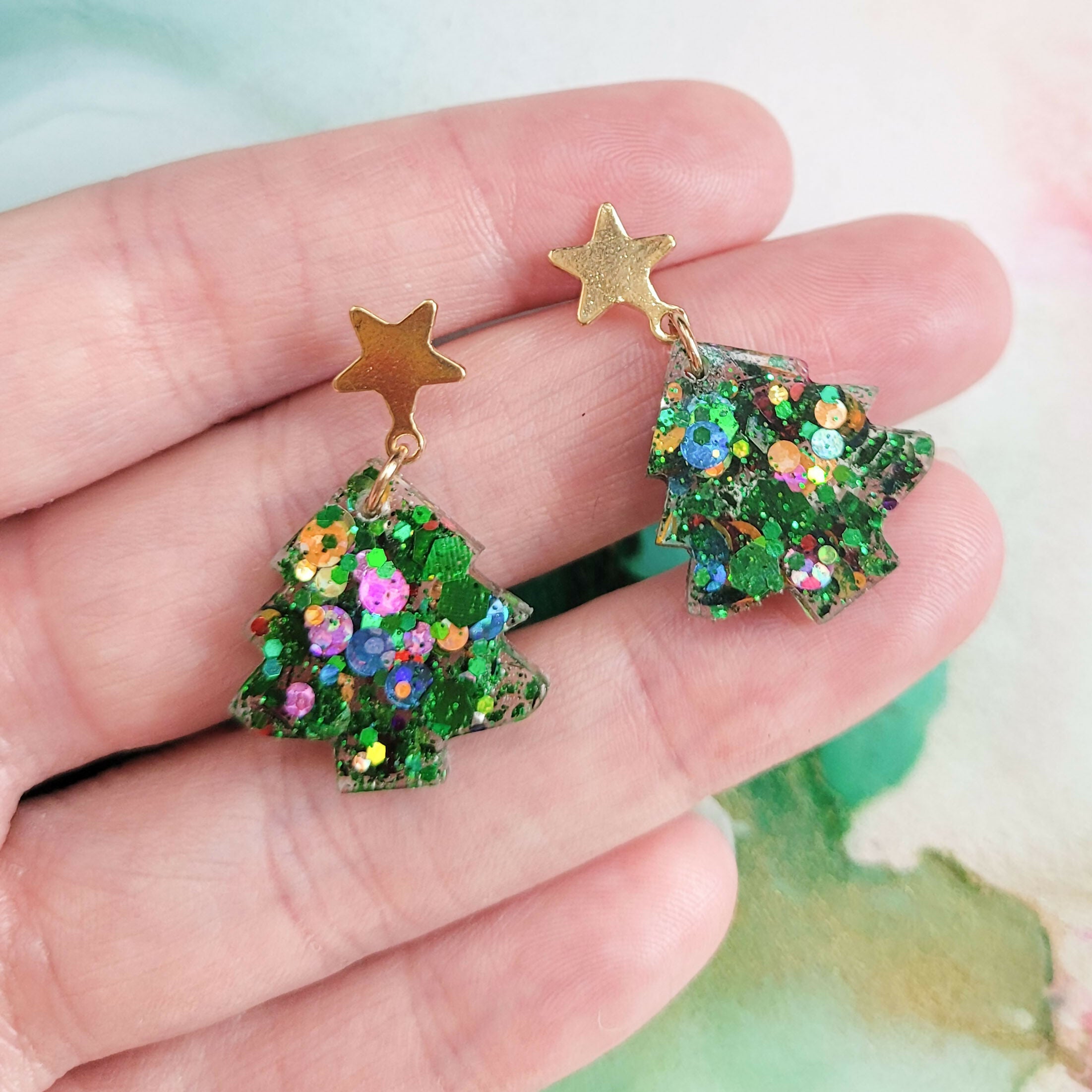 Handmade Glitter Christmas Trees Earrings With Star Studs