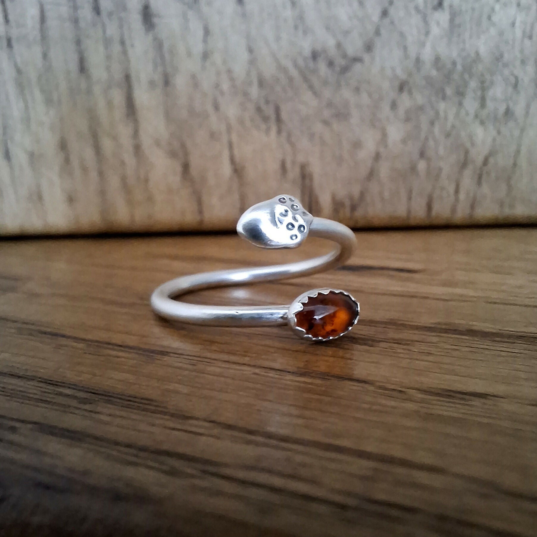 Handmade Adjustable Silver Acorn Ring With Amber, Size O