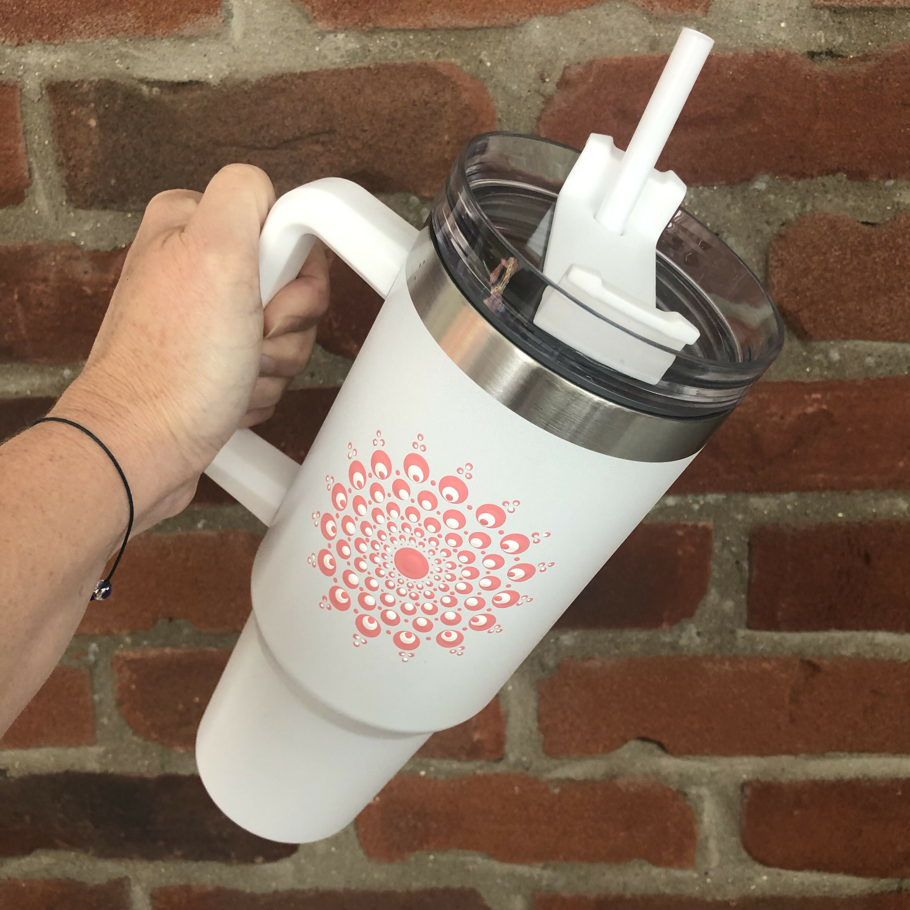 Hand Painted Dot Mandala Stanley-Style Cup with Straw: White with Coral