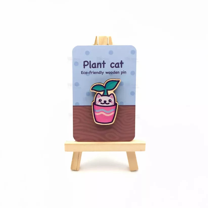 Wooden Pin Badge - Plant Cat