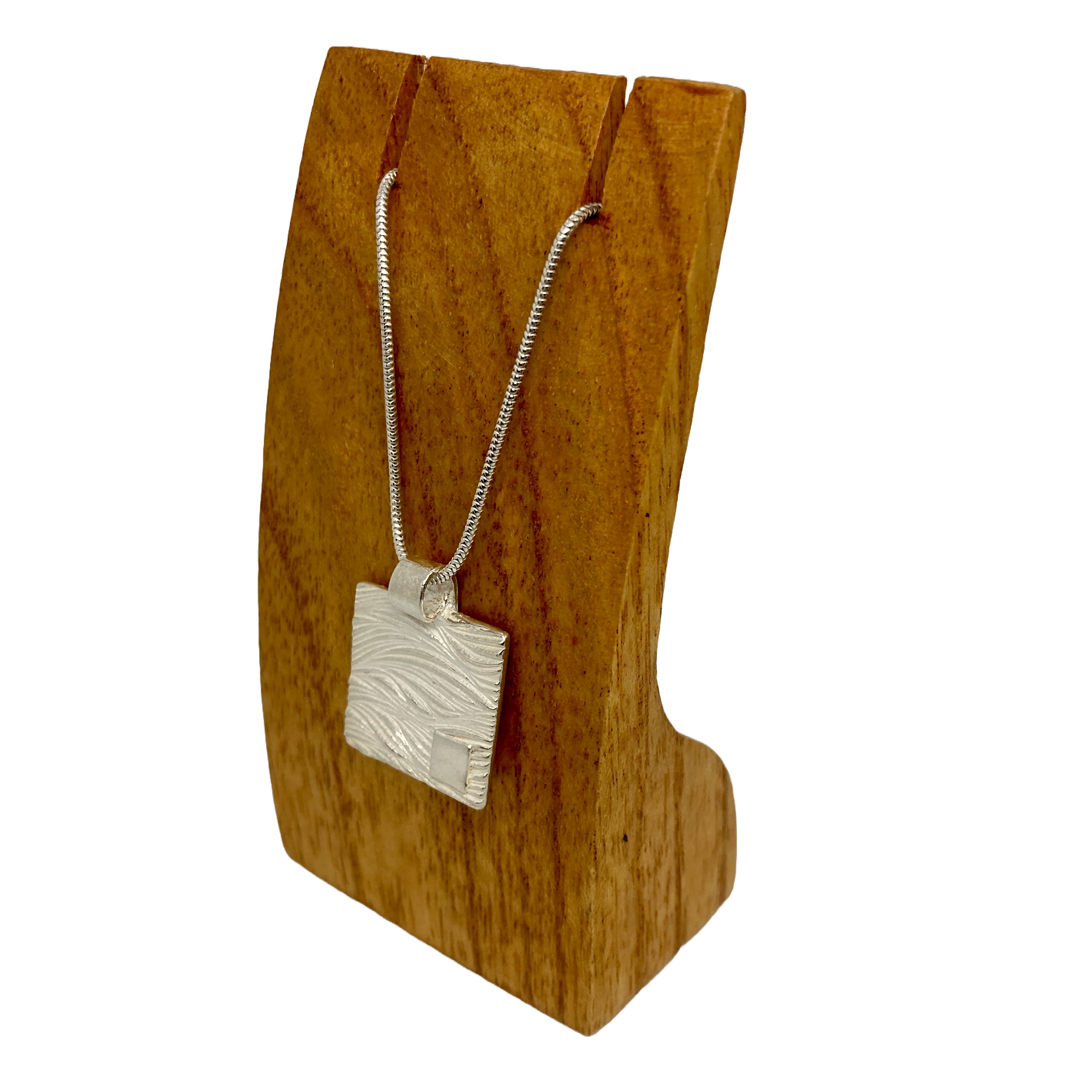 Handmade Silver Square Pendant with Fistral Bay Wave Texture and Sterling Silver Chain