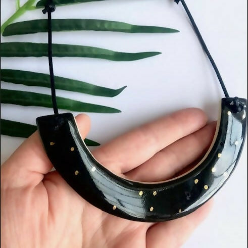 Black U Necklace with Gold dots