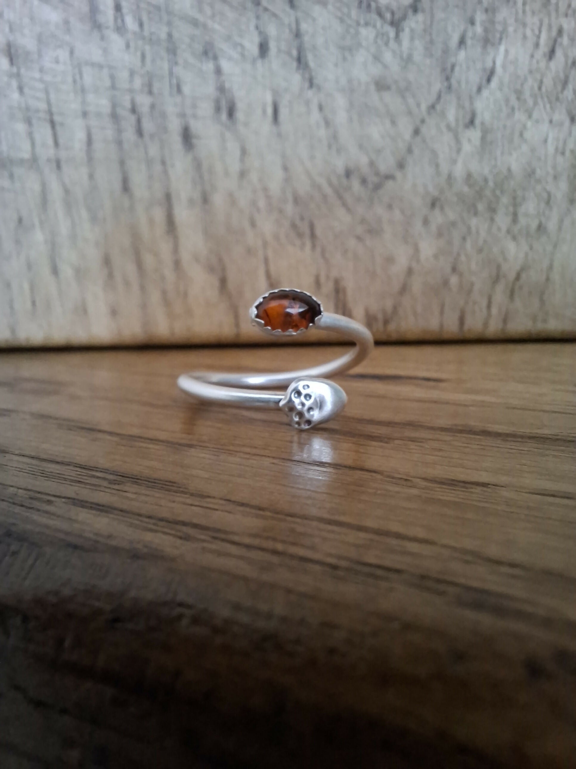 Handmade Adjustable Silver Acorn Ring With Amber, Size O