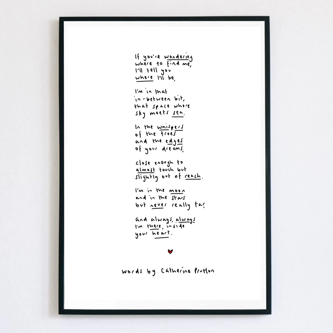 Black and white poem with red heart.