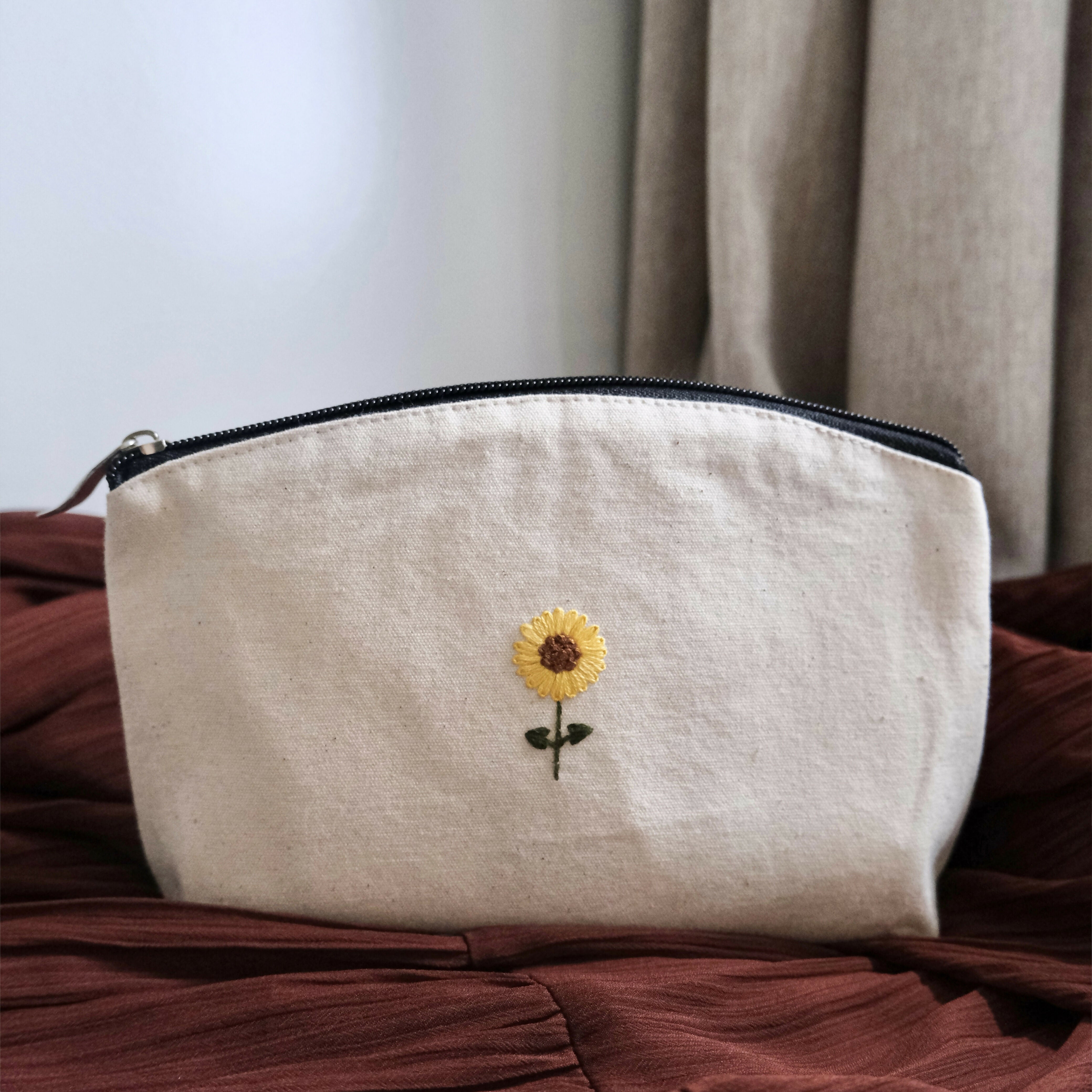 Hand Embroidered Sunflower Makeup Bag