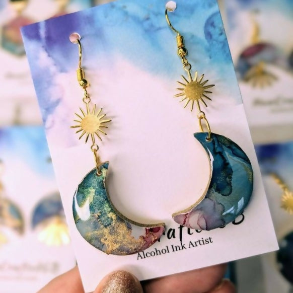 Celestial Star Moon Dangle Earrings, Alcohol Ink Art