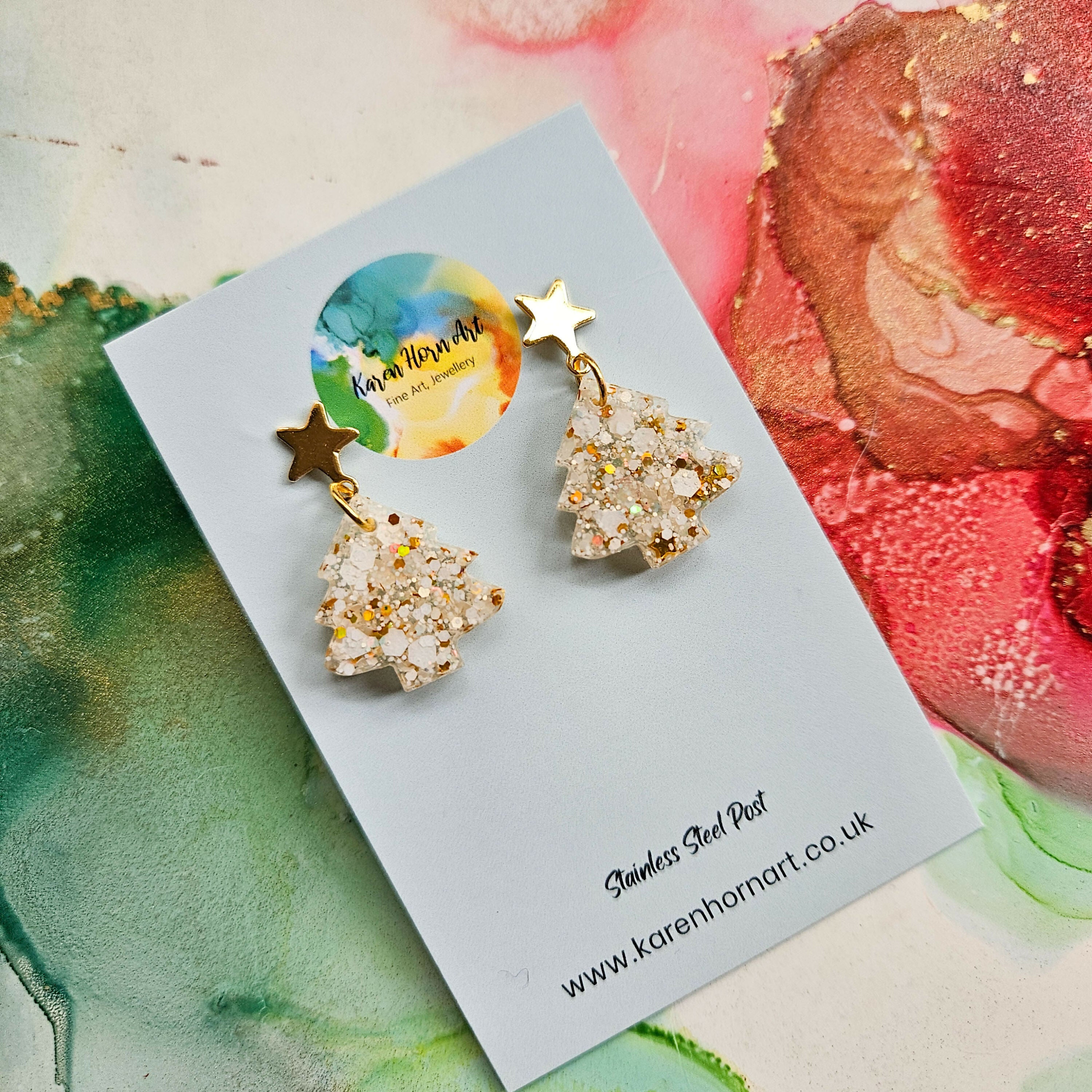 Handmade Glitter Christmas Trees Earrings With Star Studs