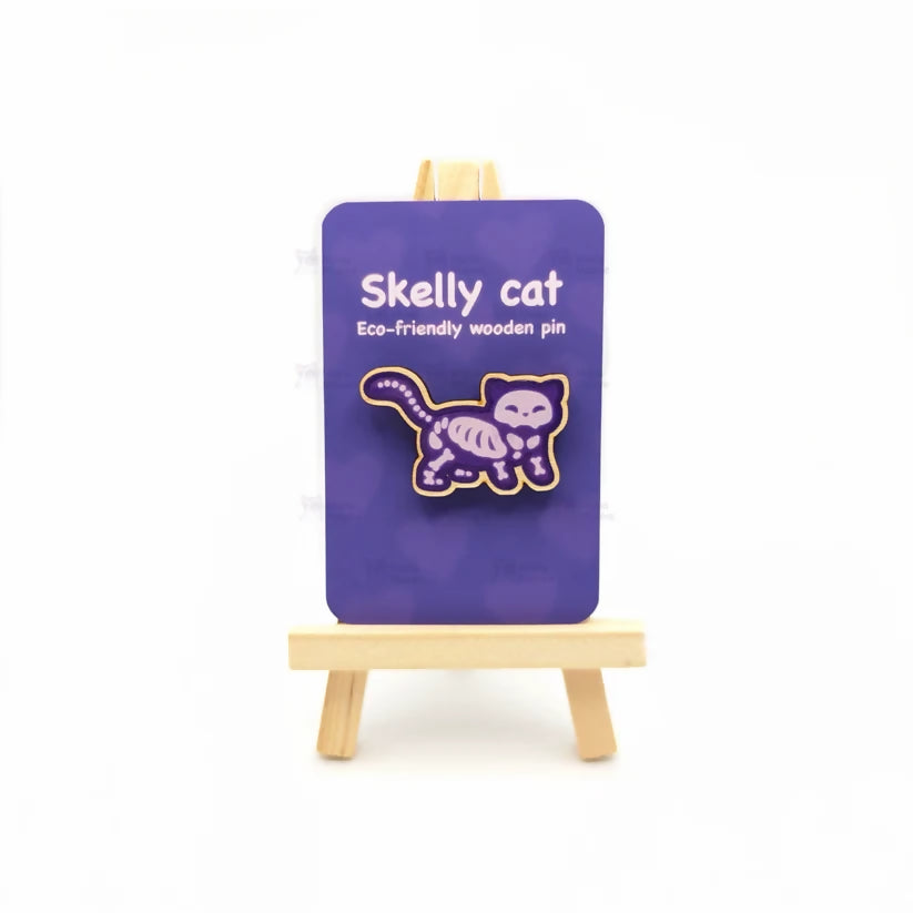 Wooden Pin Badge - Skelly Cat