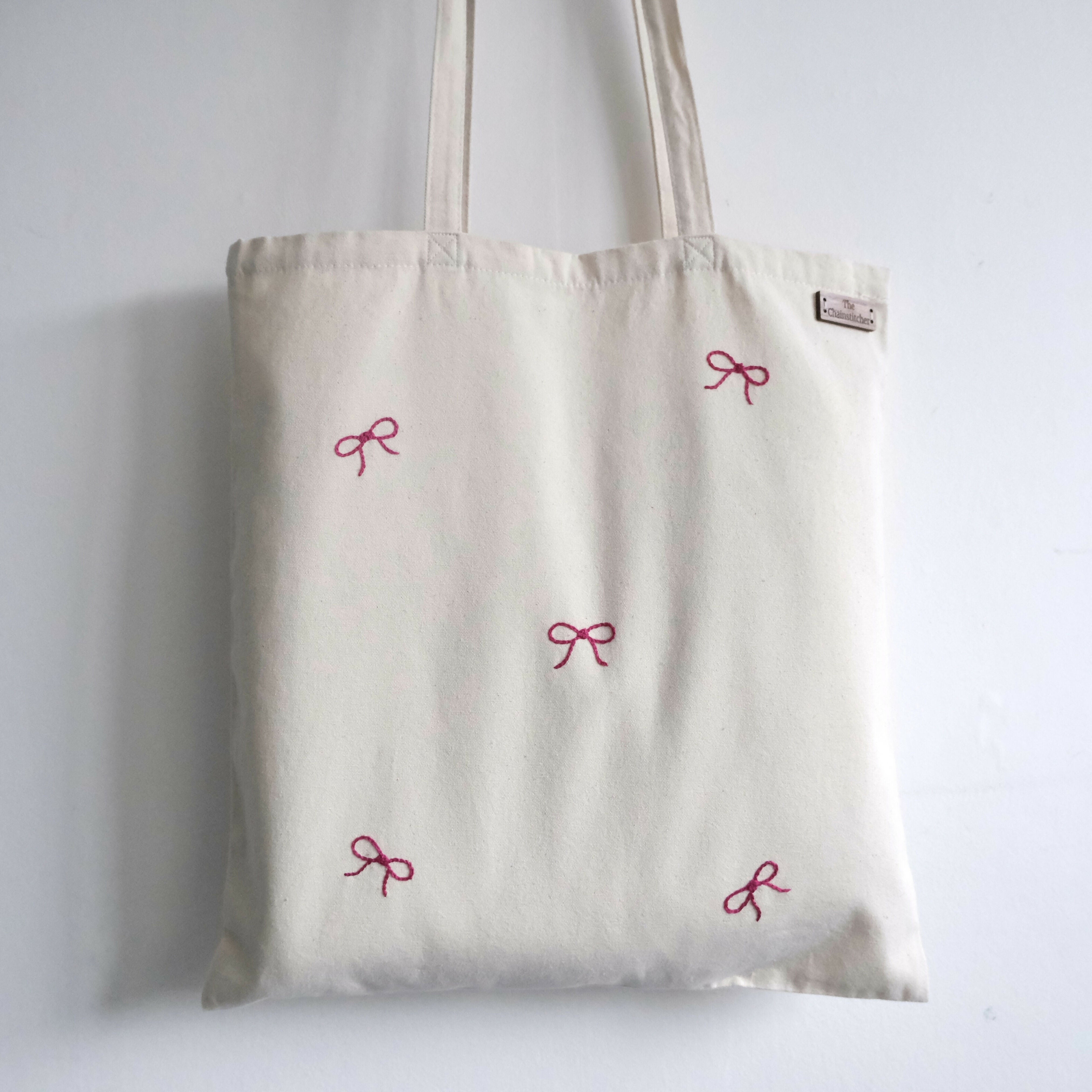 Hand Embroidered Pink Bows Tote Bag