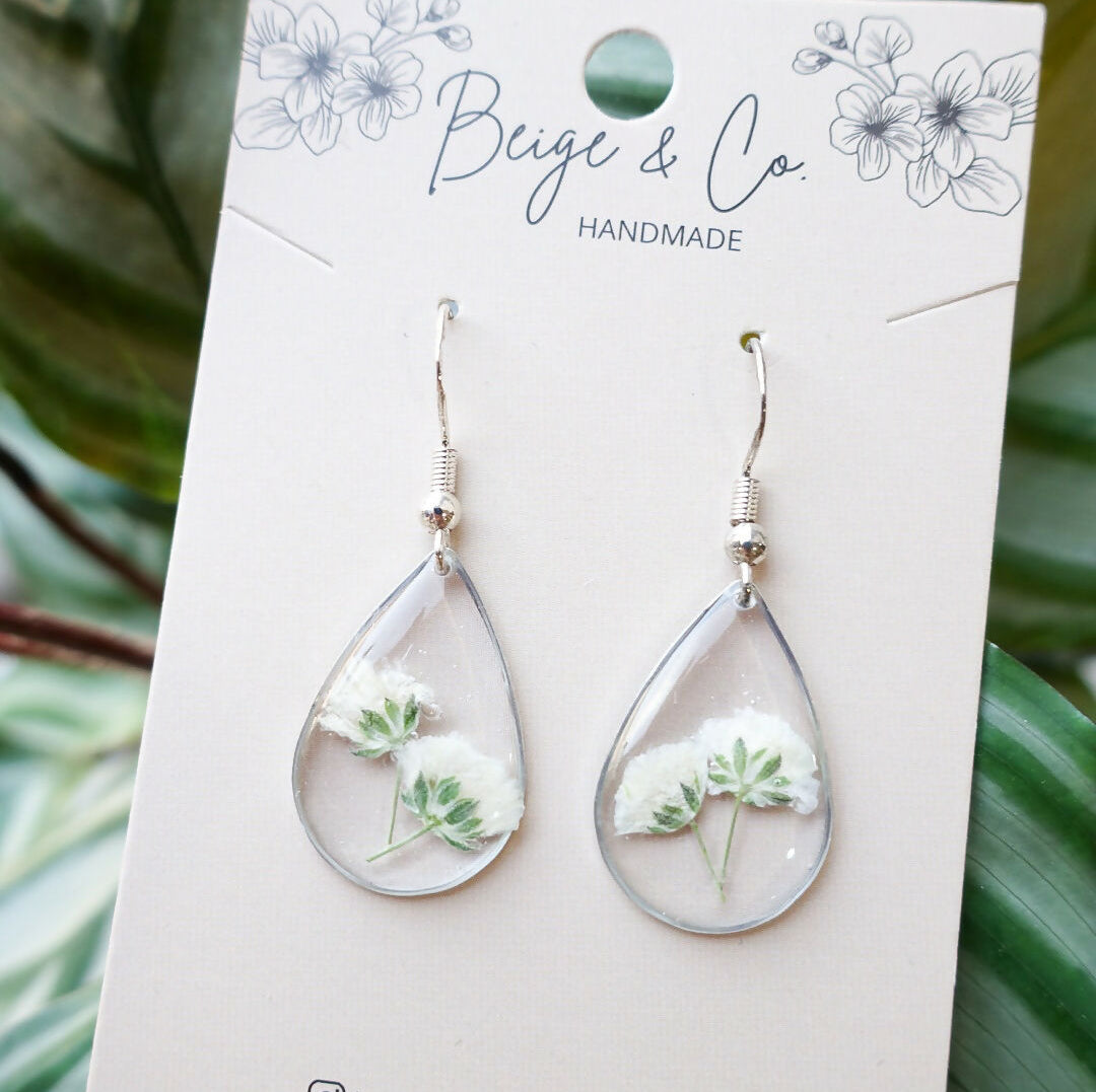 White Gypsophila, Real Flower Earrings