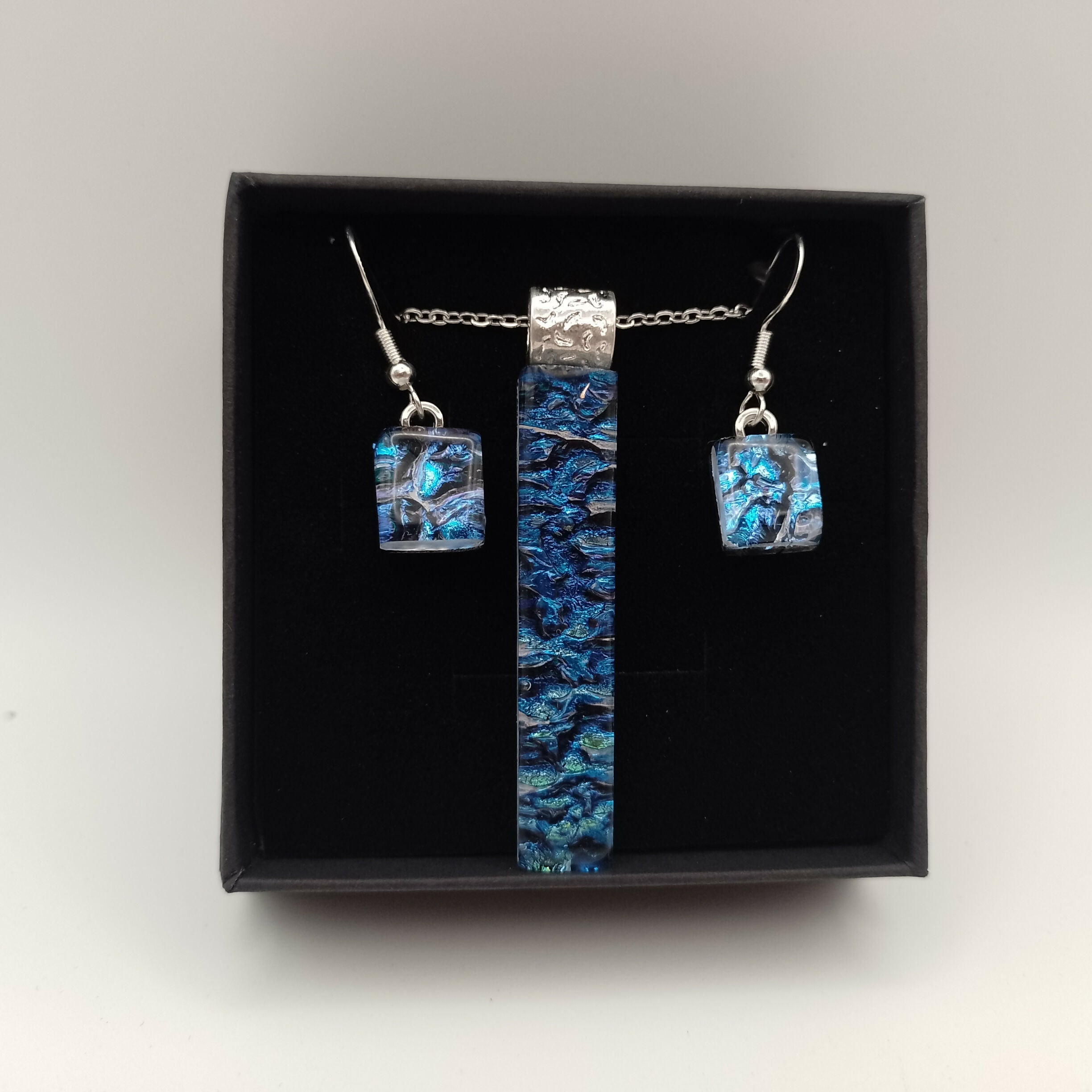 Blue and Green Dichroic Glass Pendant and Earring Set