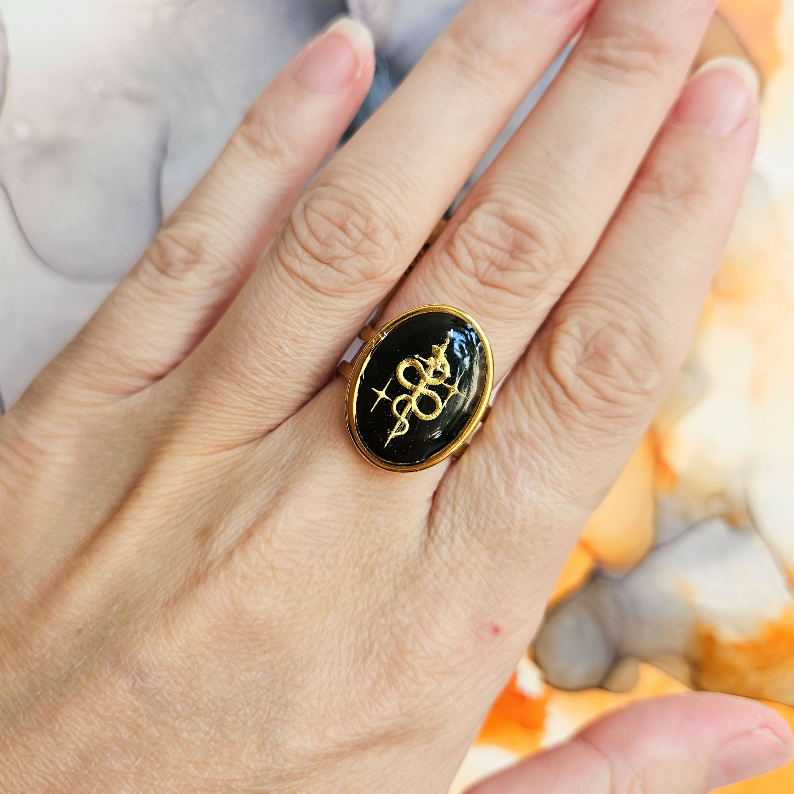 Handmade Black And Gold Snake Resin And Stainless Steel Ring