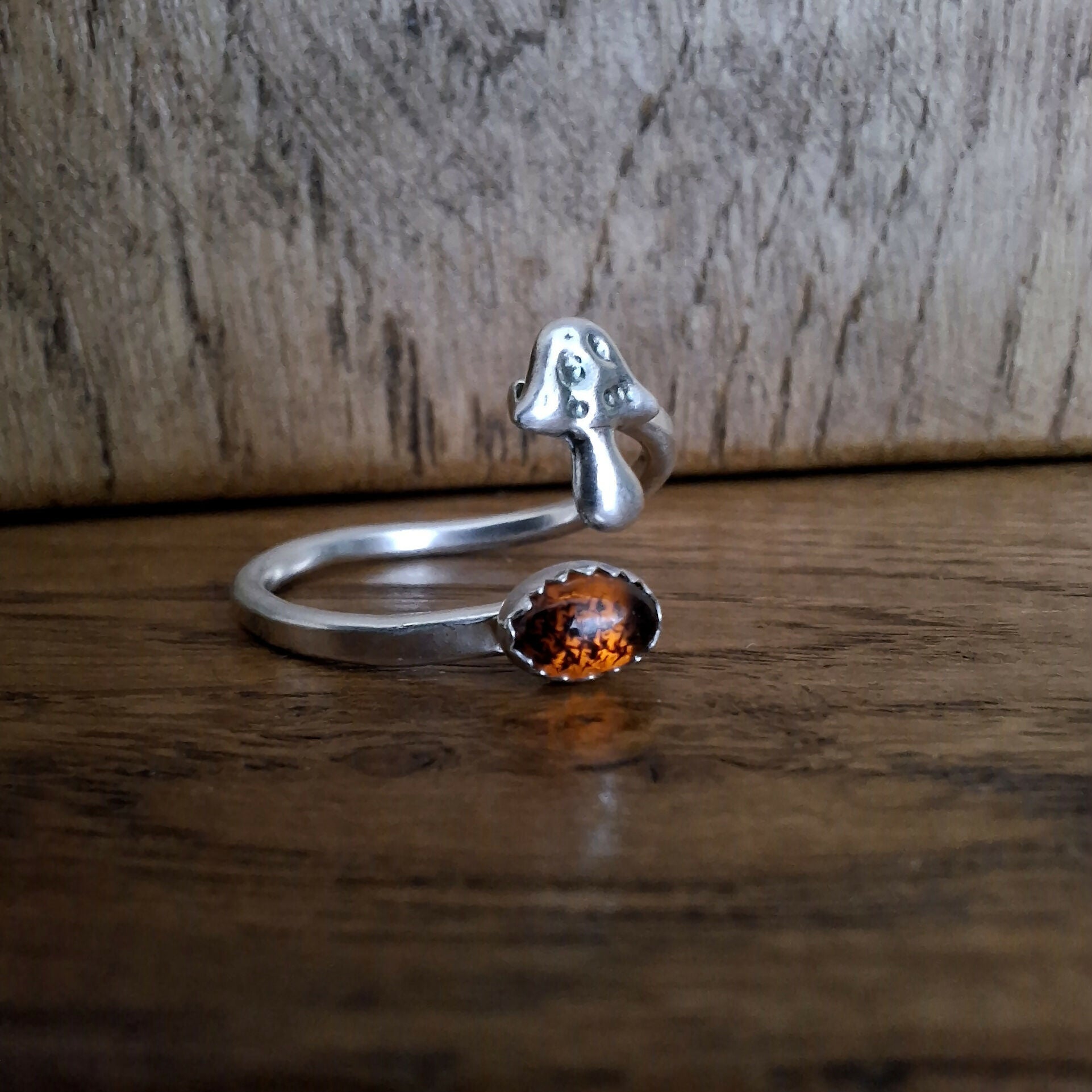 Handmade Adjustable Silver Toadstool Ring With Amber, Size O½