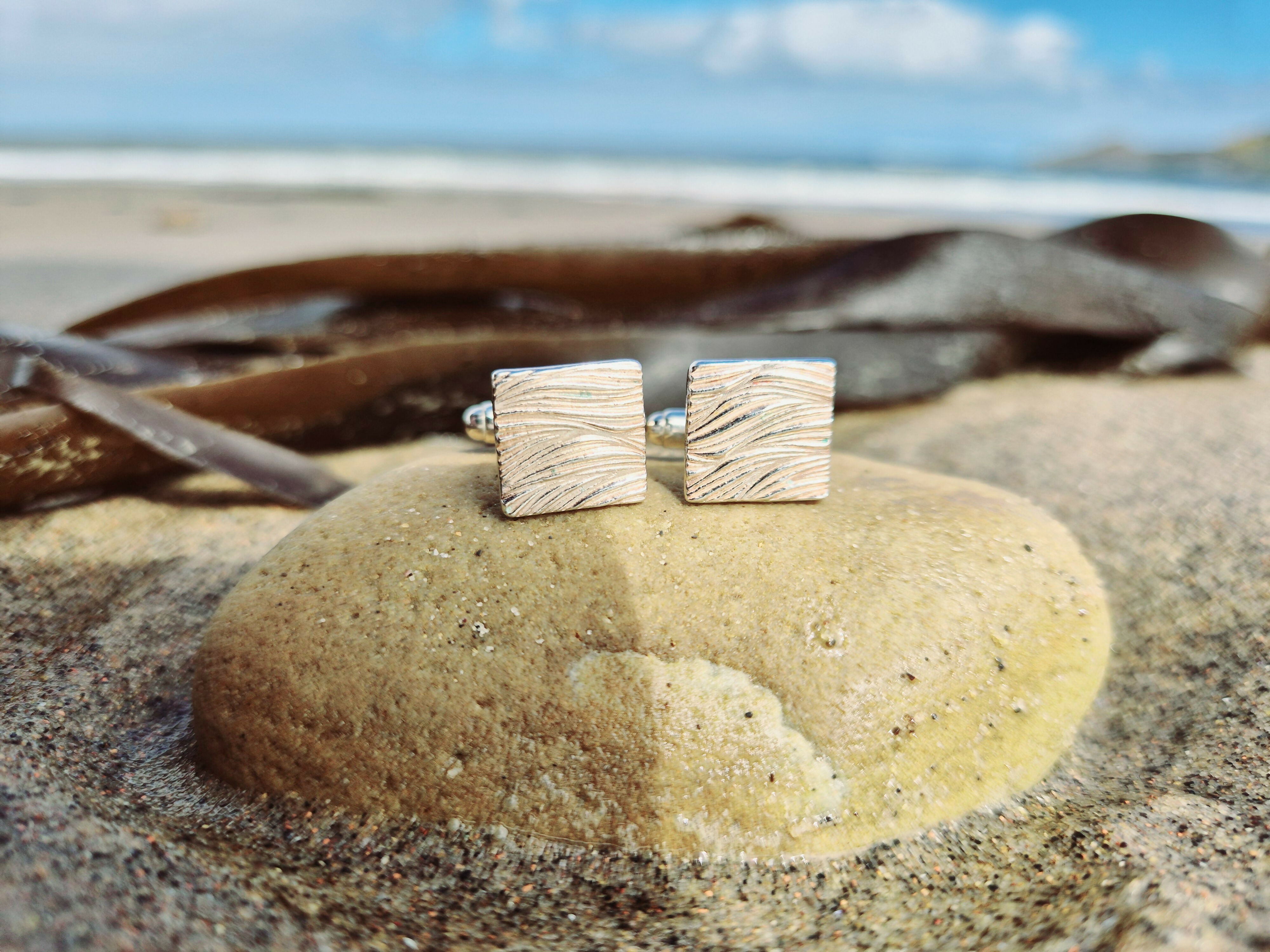 Sterling Silver Cufflinks with Handmade Fistral Bay Wave Texture Square Design