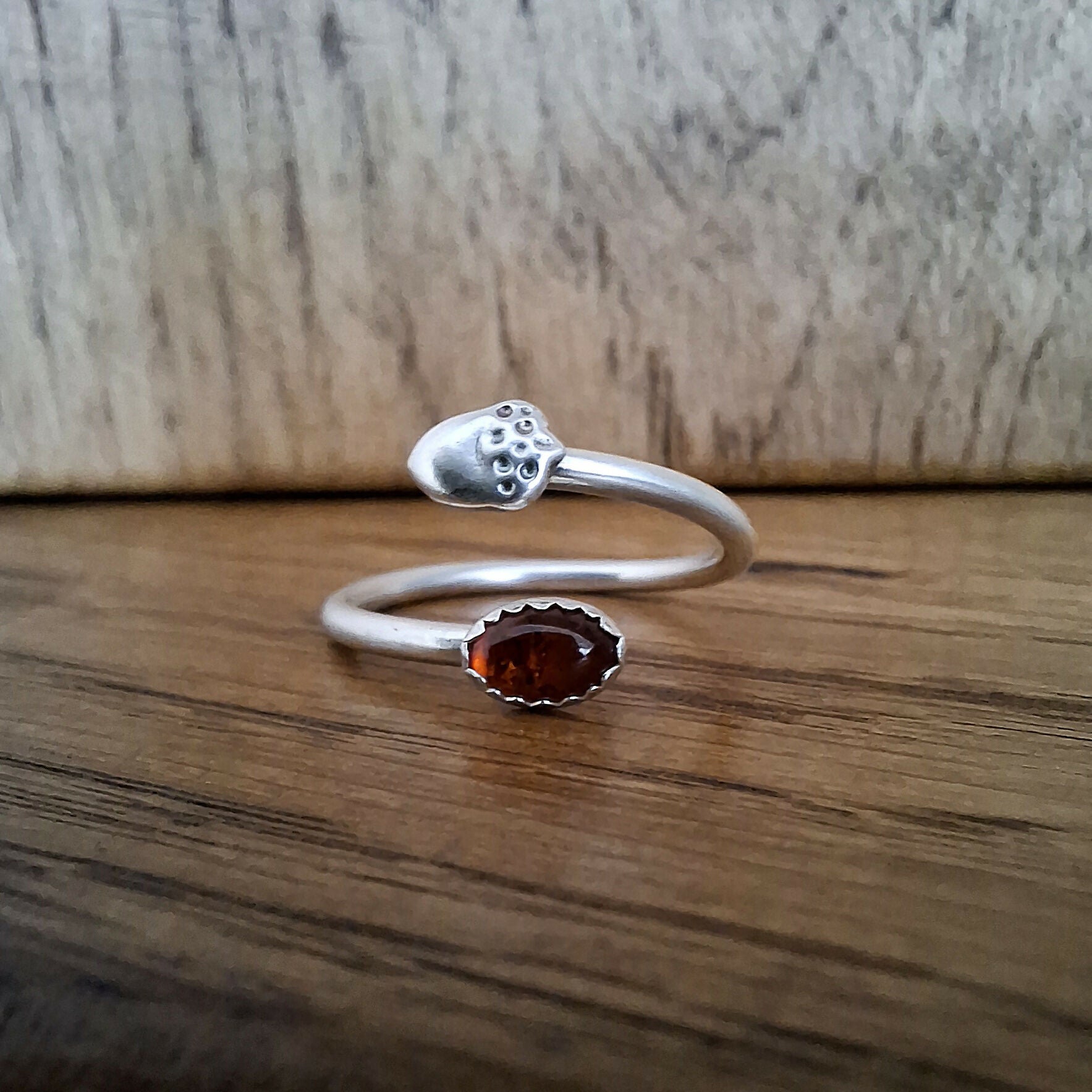 Handmade Adjustable Silver Acorn Ring With Amber, Size O