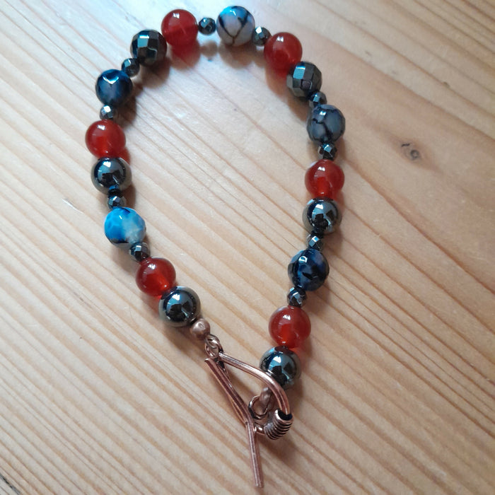Pure Copper Toggle Bracelet with Grey Hematite, Red Carnelian, Faceted Grey Hematite and Faceted Dragon Vein Fire Agate