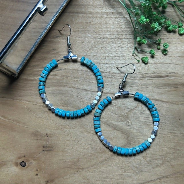 Stunning Circular Silver Plated Turquoise Beaded Earrings