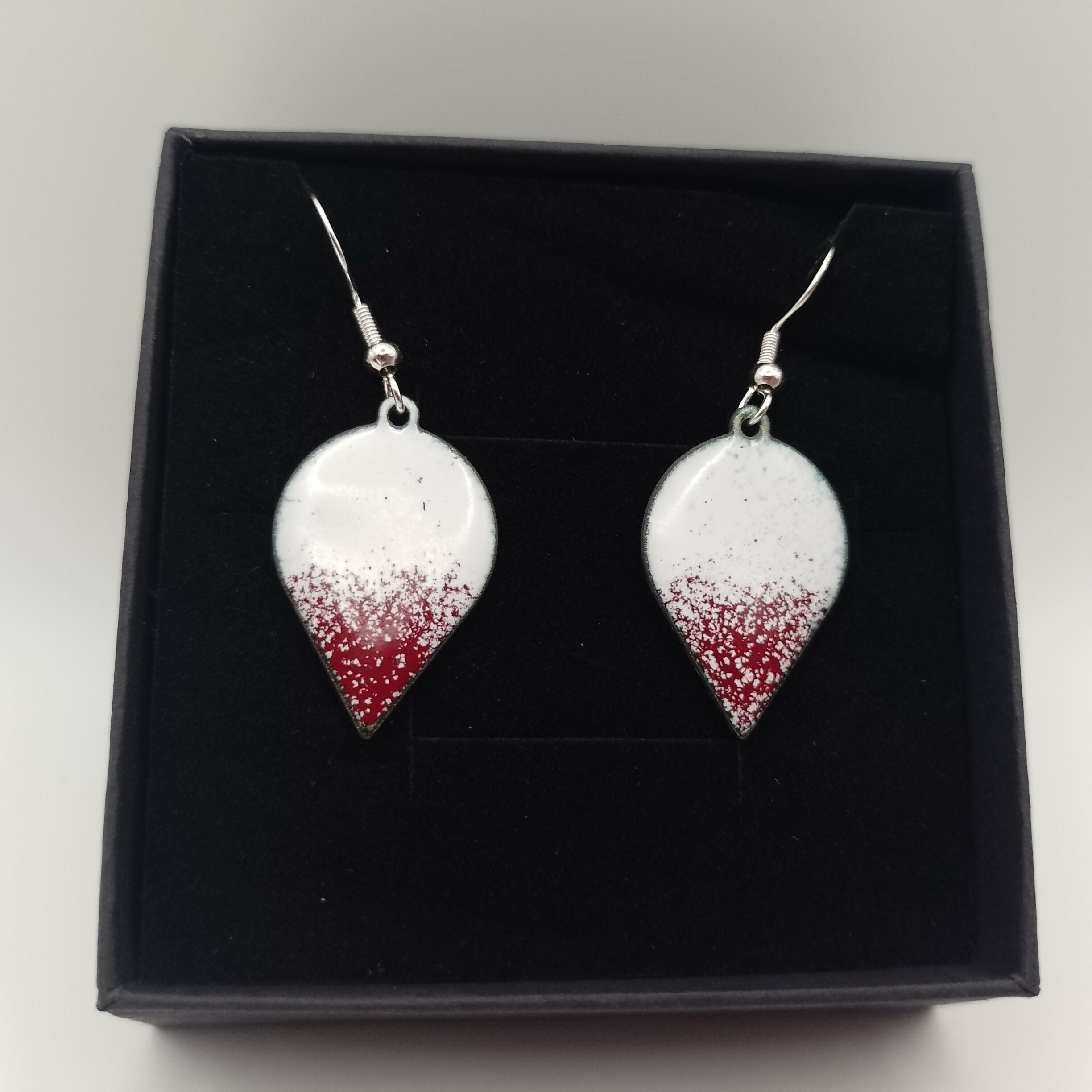White Enamel and Speckled Red Teardrop Earrings