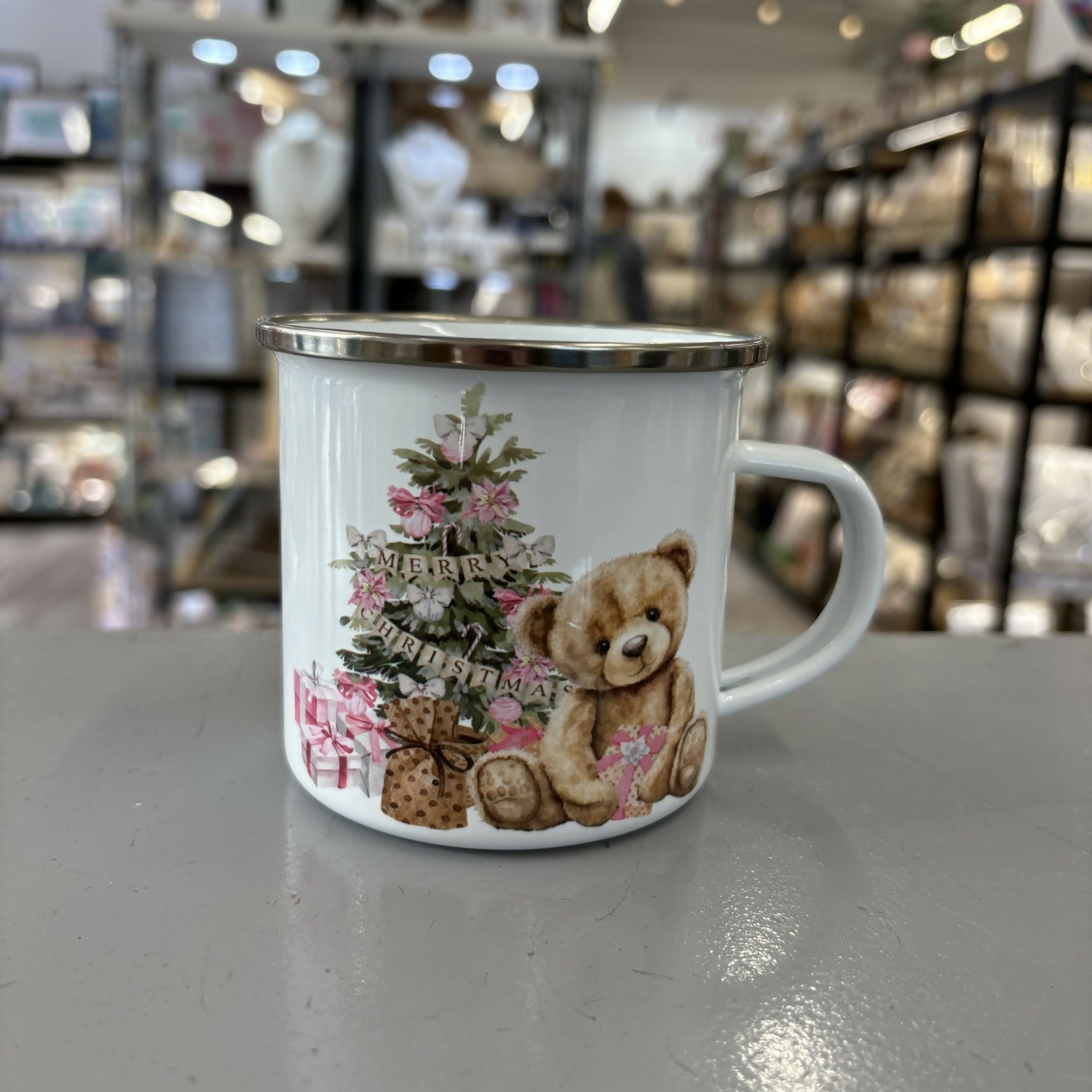 Teddy Under The Christmas Tree 120z Enamel Mug For Kids