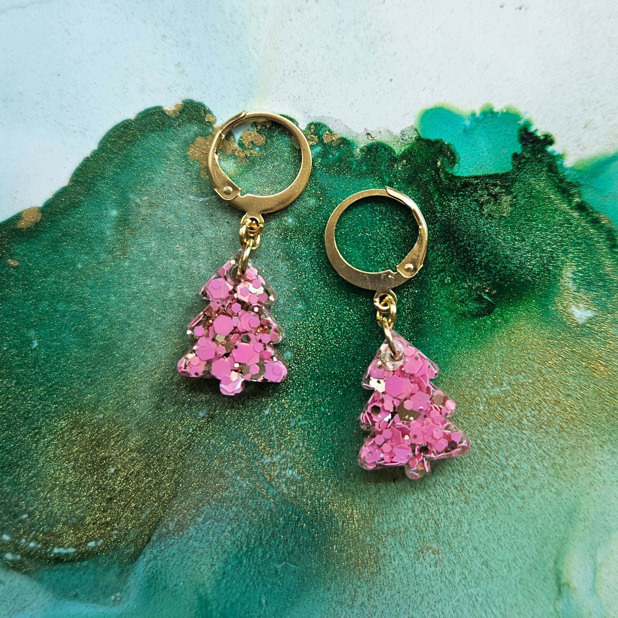 Handmade Glitter Resin Christmas Tree Charms On Huggie Hoops