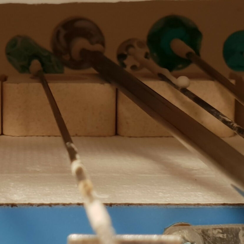 HAND LAMPWORKED GLASS SPOTTY EARRINGS, WITH STERLING SILVER AND SWAROVSKI CRYSTALS.