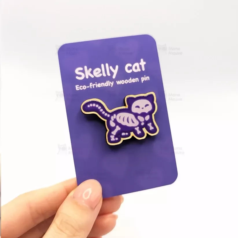 Wooden Pin Badge - Skelly Cat