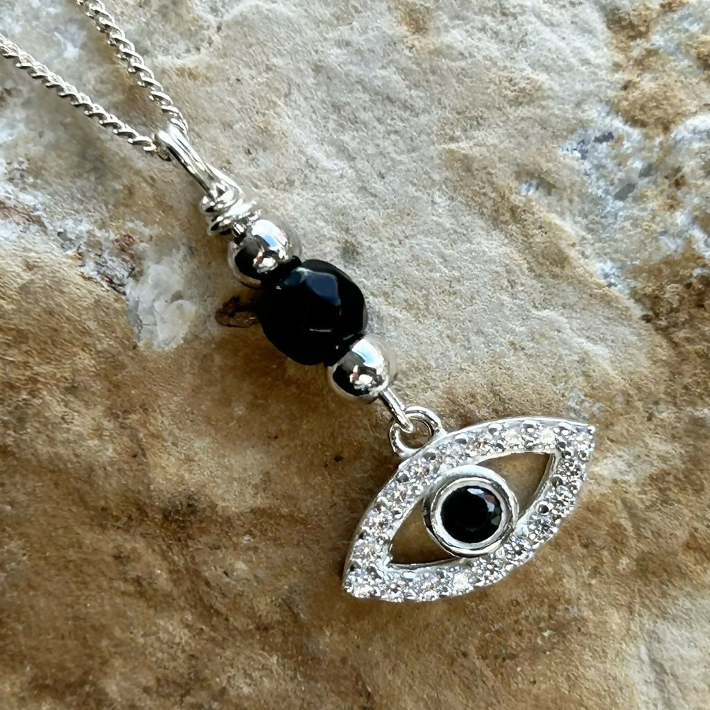Handmade Sterling Silver Black Obsidian Evil Eye Necklace