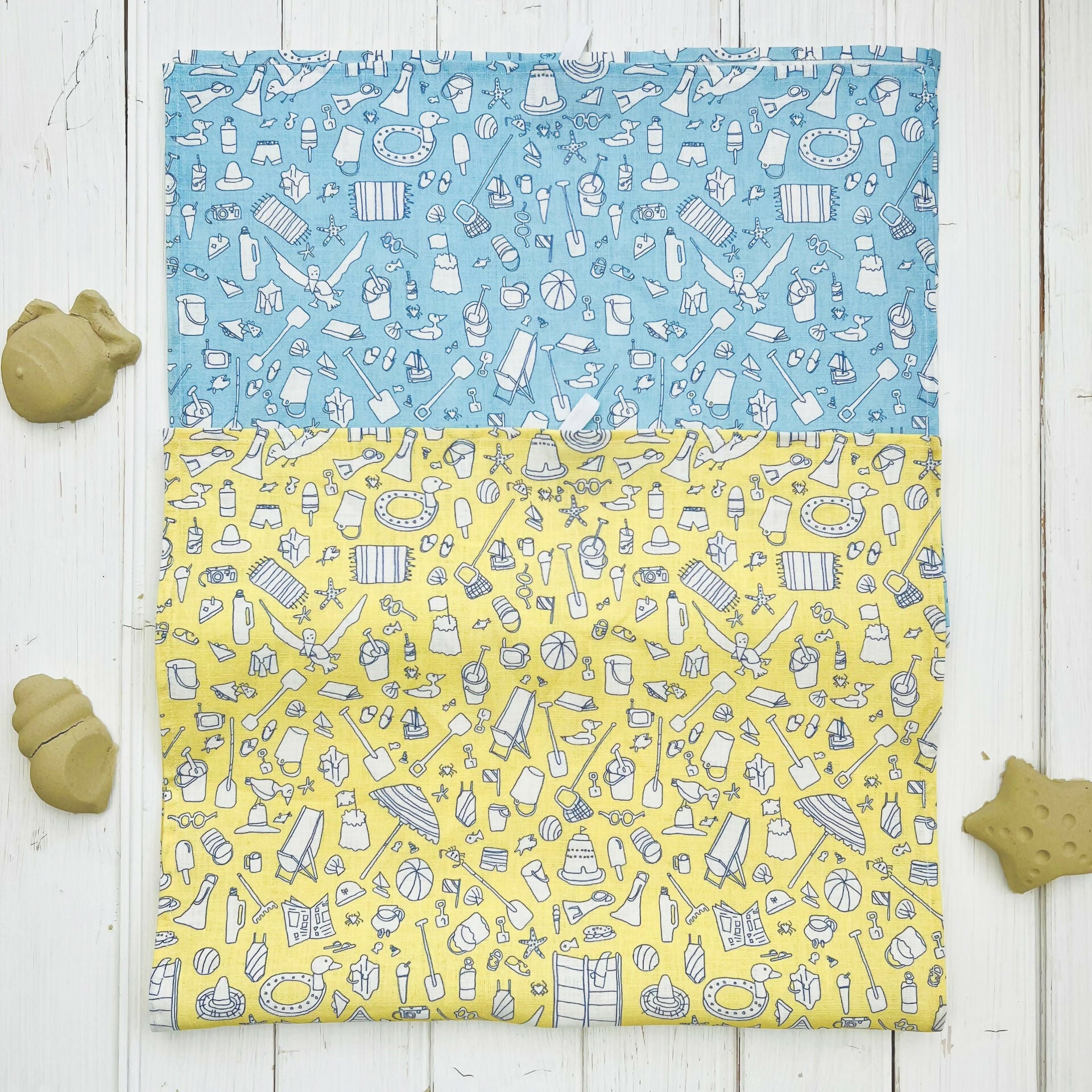 Linen Tea Towel - Beach Design in Yellow