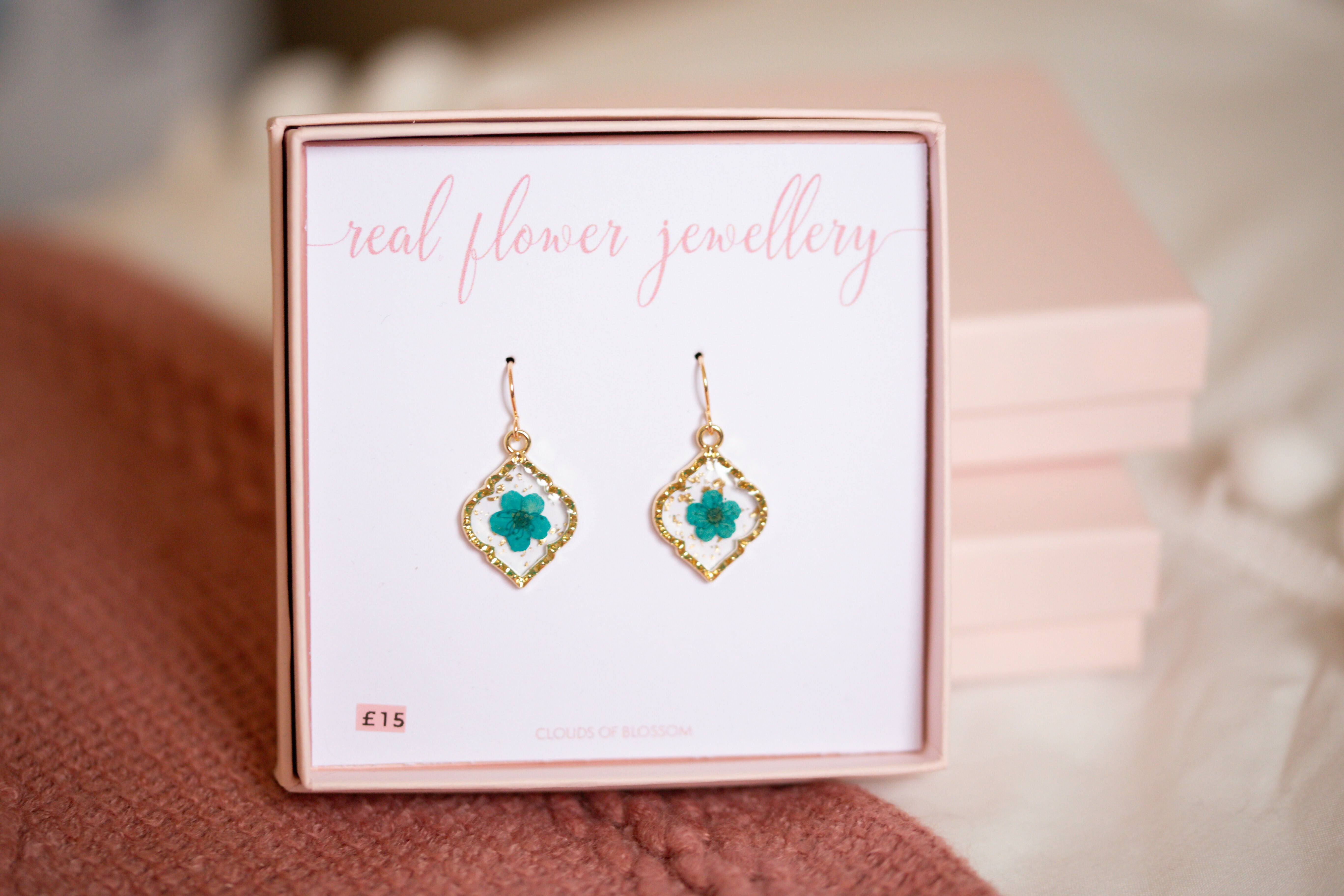 Turquoise Baby’s Breath Fancy Diamond Shaped Bezel Earrings Gold Plated
