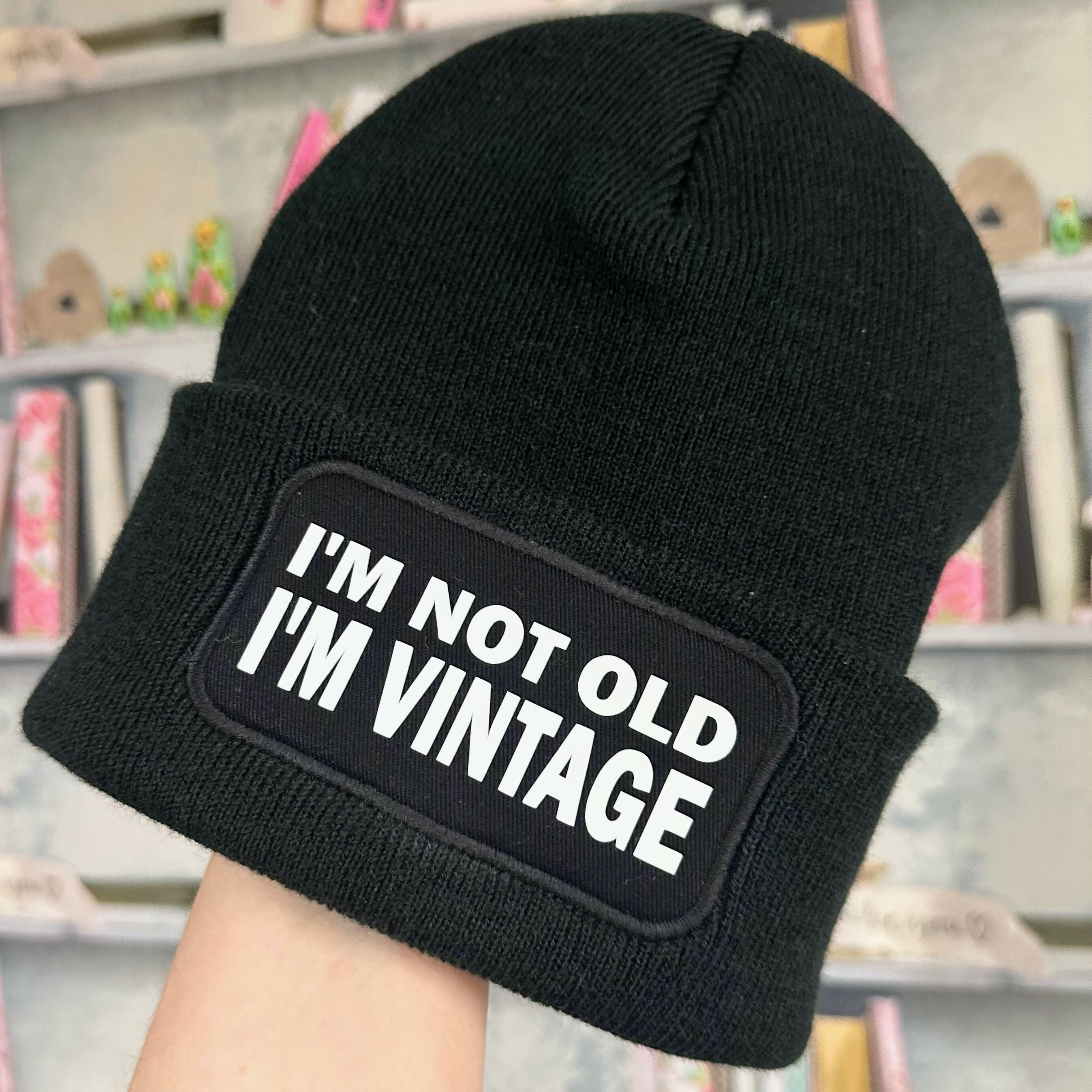 Not Old Vintage Cuffed Rectangular Patch Beanie Hat