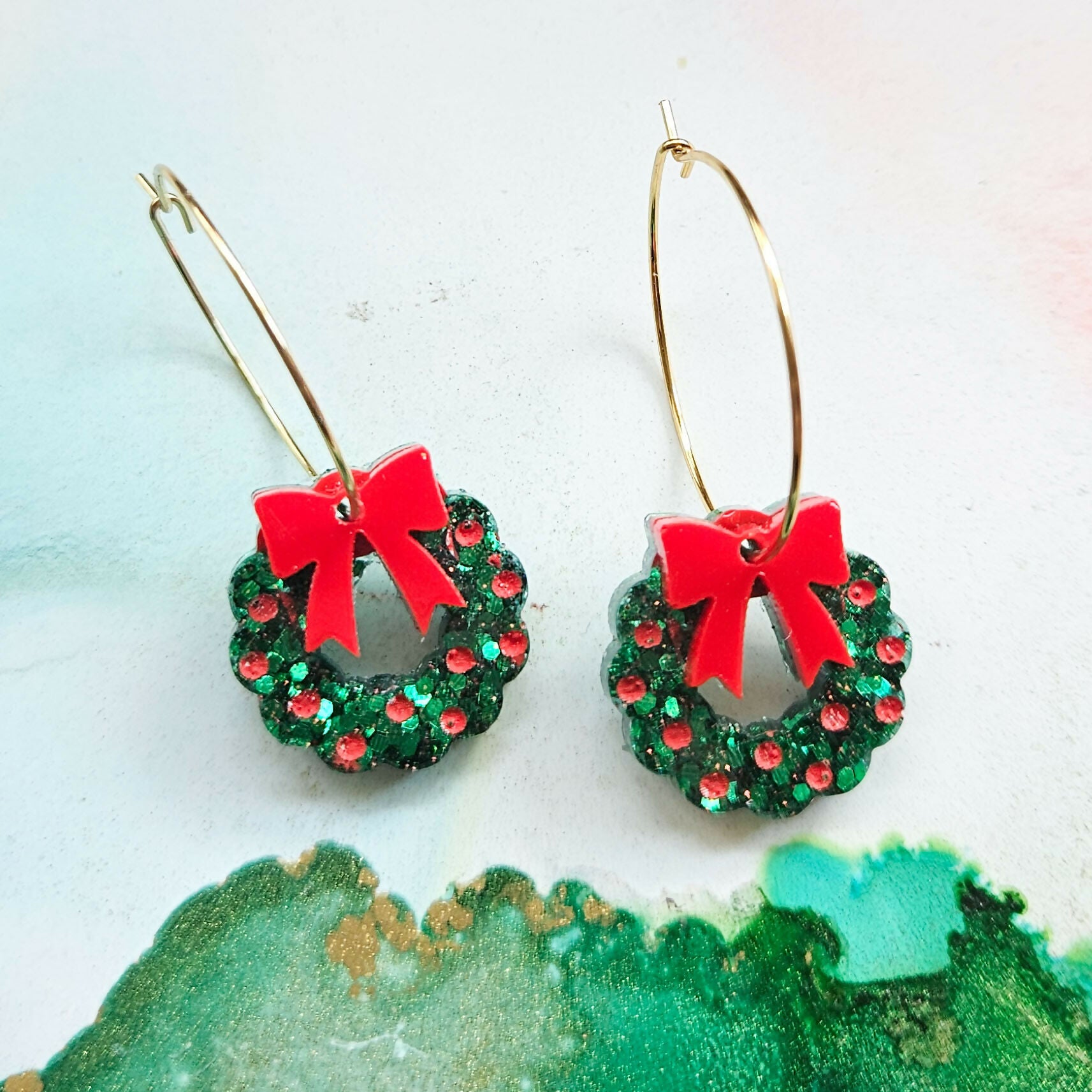 Handmade Resin Christmas Wreaths On Golden Hoops
