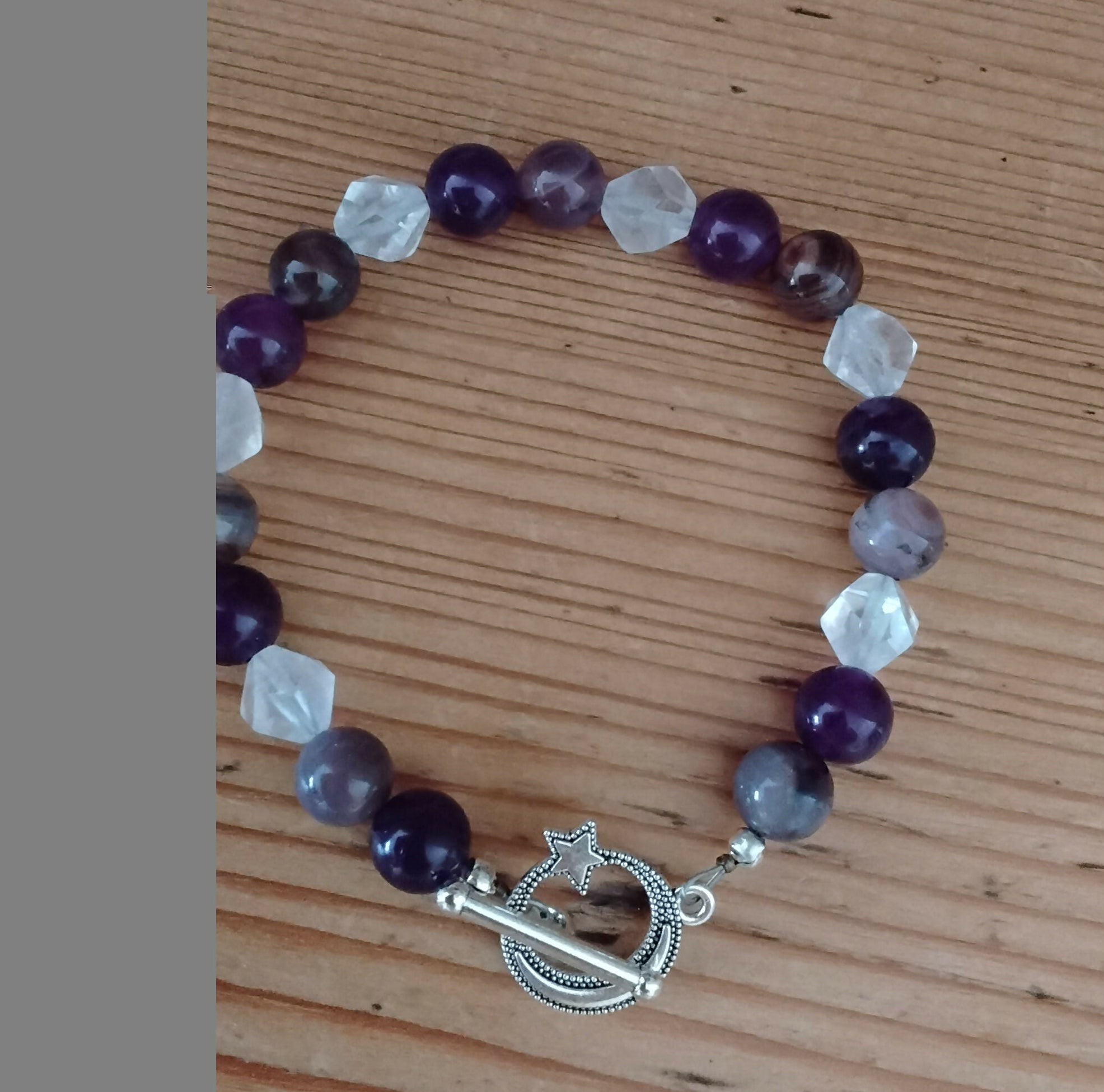 Tibetan Silver Toggle Catch Bracelet with Indian River Agate, Amethyst and Faceted Rose Quartz.