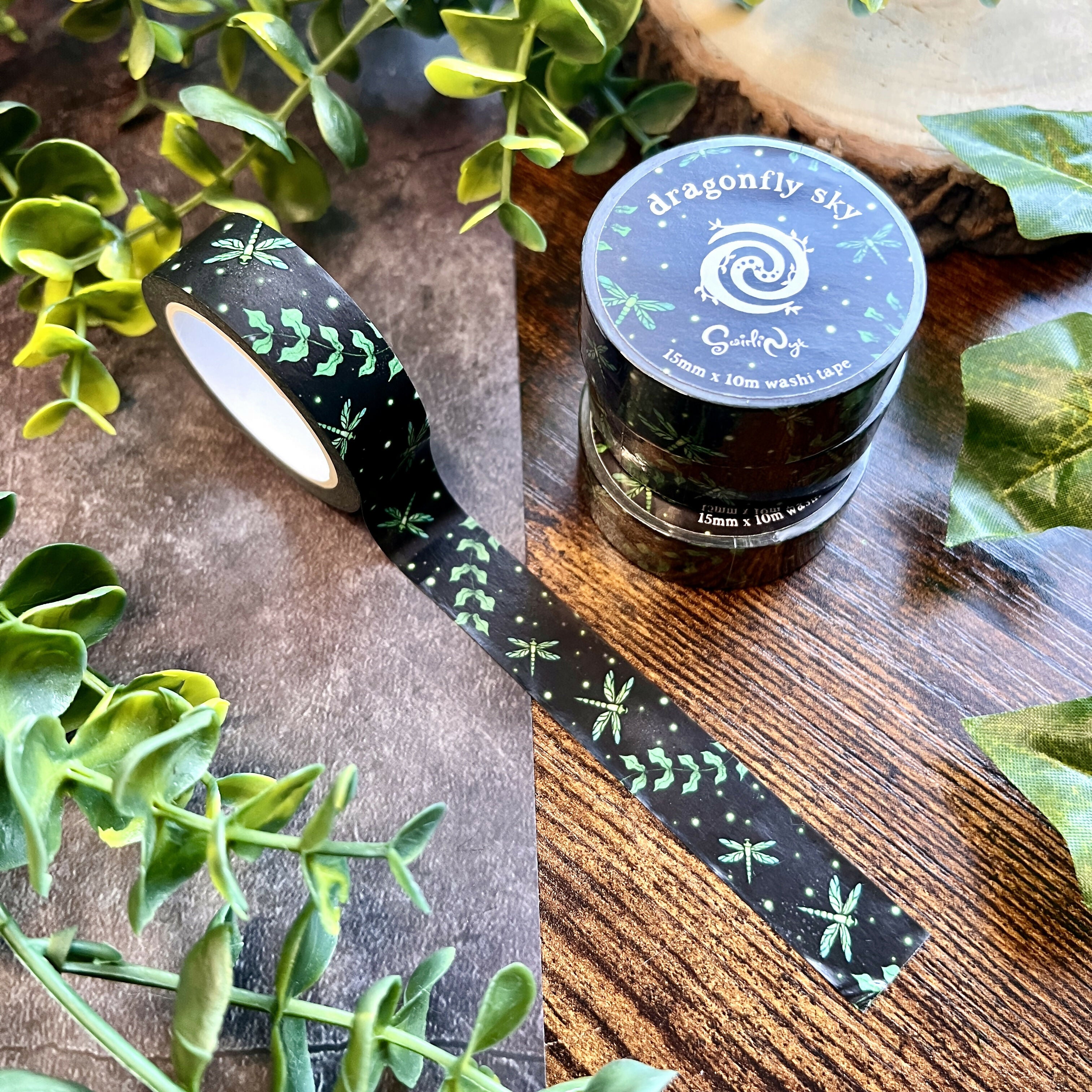 Dragonfly Sky Washi | Inky Black & Green Art | Art & Soul