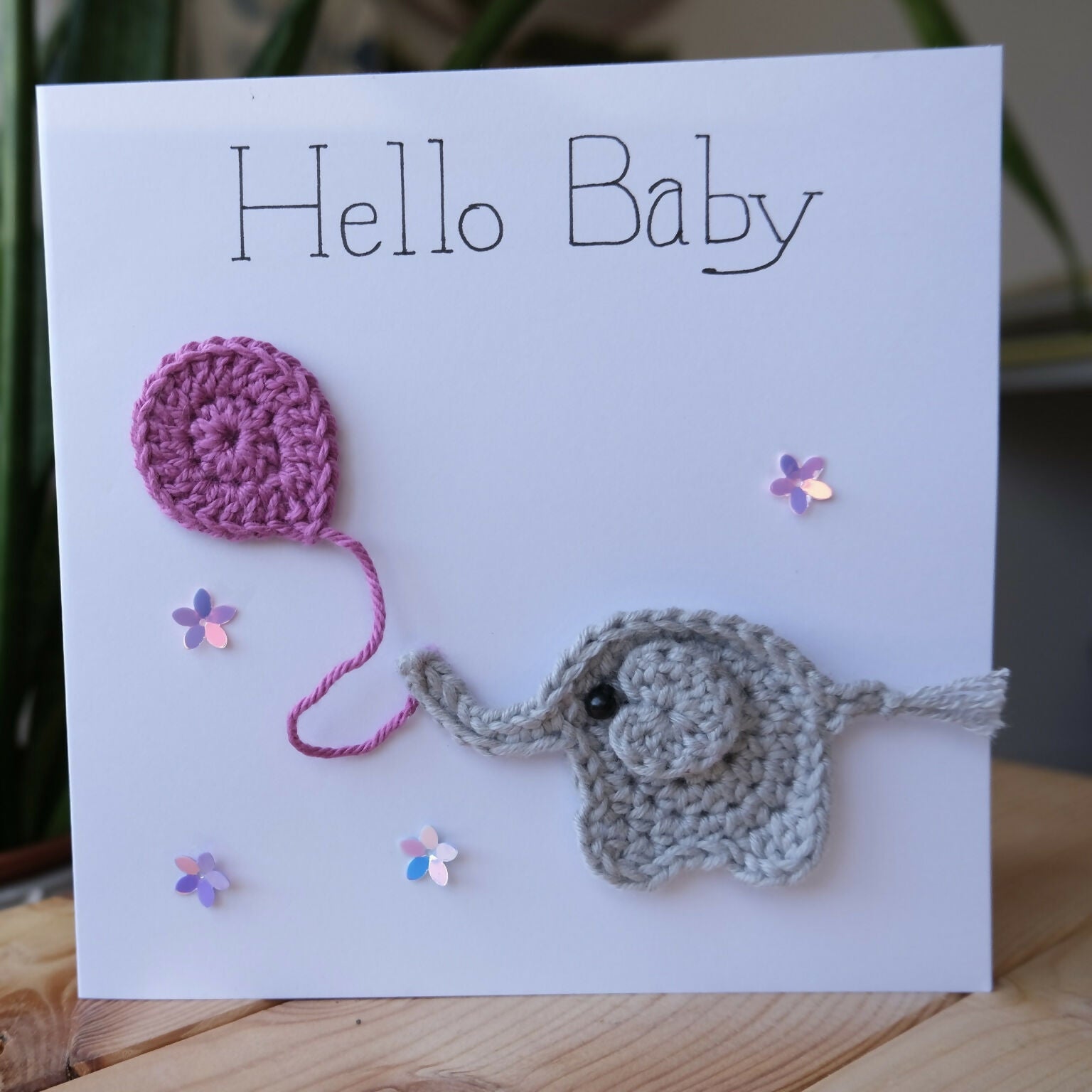 Hello Baby Crocheted card with Rabbit or Elephant