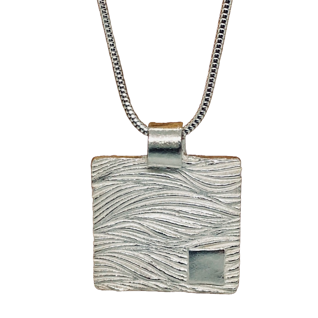 Handmade Silver Square Pendant with Fistral Bay Wave Texture and Sterling Silver Chain