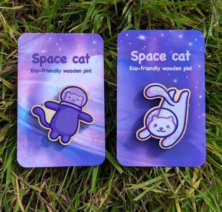 Wooden Pin Badge - Space Cat