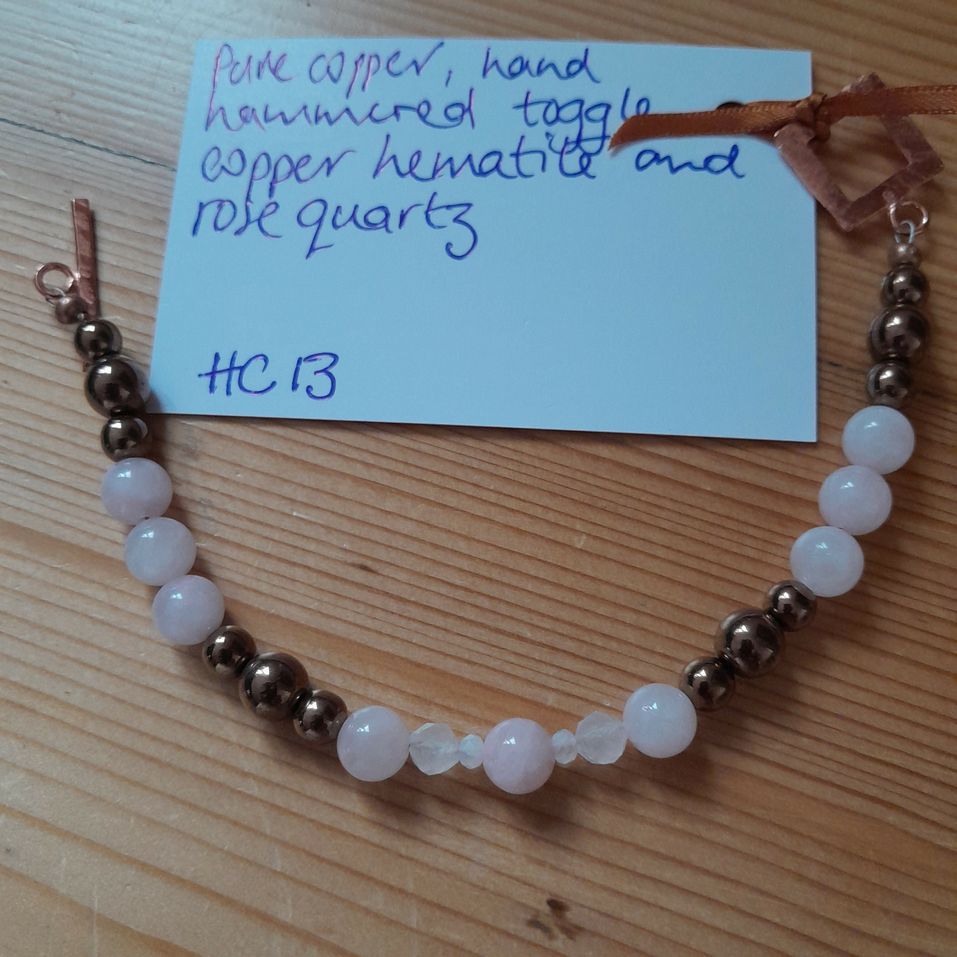 Pure Copper Hand Hammered Toggle Bracelet with Copper Hematite and Rose Quartz