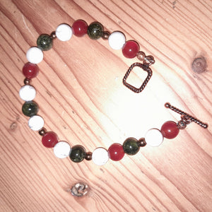 Pure Copper Twist Toggle Bracelet with Red Carnelian, Veined Howlite, Copper Hematite and Green Snowflake Obsidian