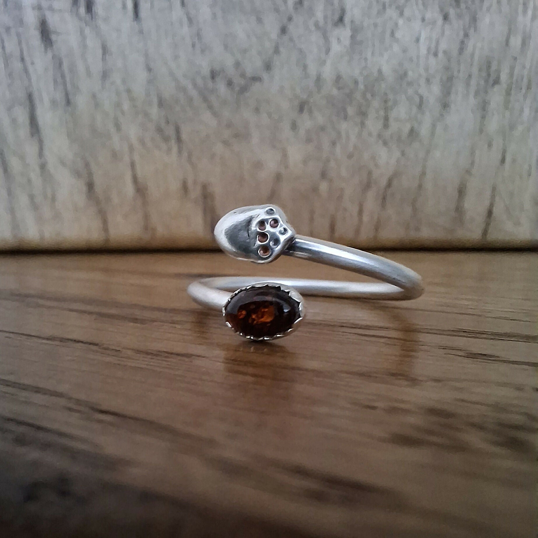 Handmade Adjustable Silver Acorn Ring With Amber, Size Q½