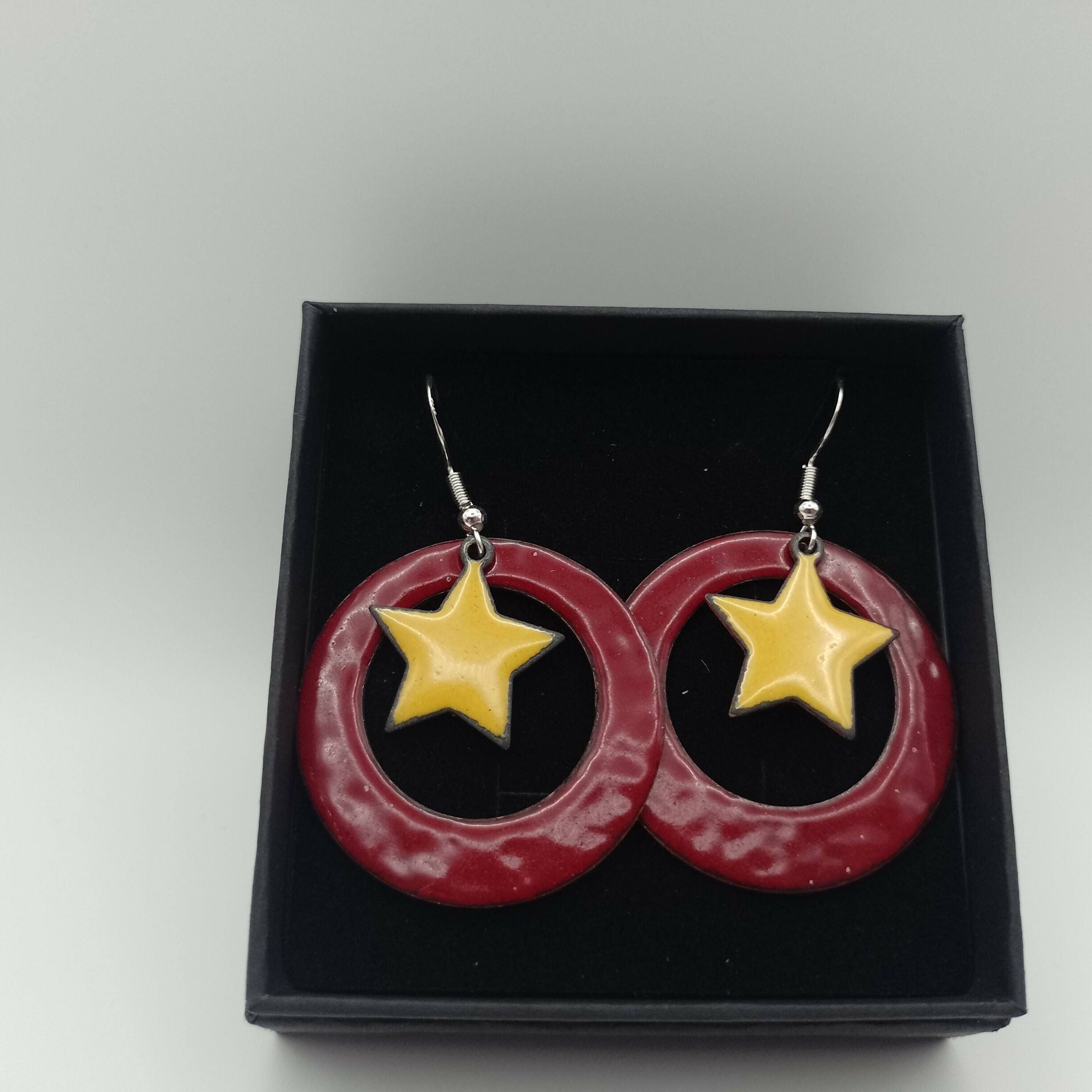 Red Hoop Enamel Earrings with Yellow Star