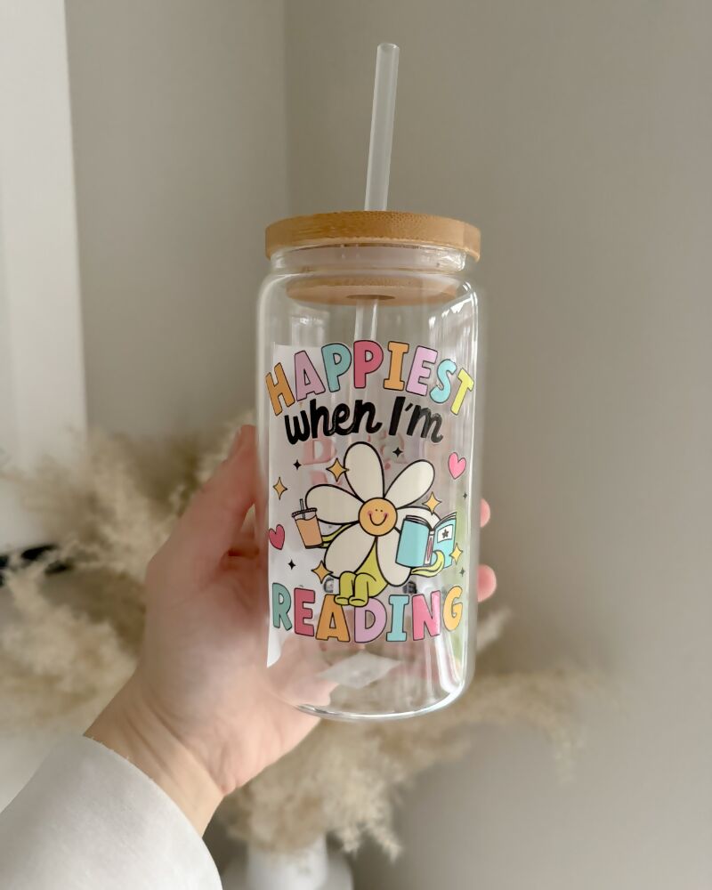 Happiest When Reading 16oz Glass Can