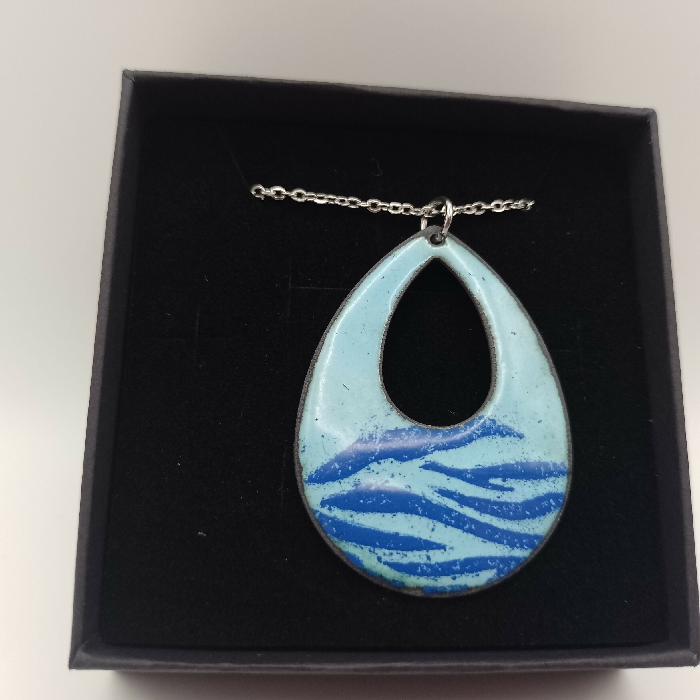 Pale Blue Enamel Pendant with Cobalt Blue Stripes