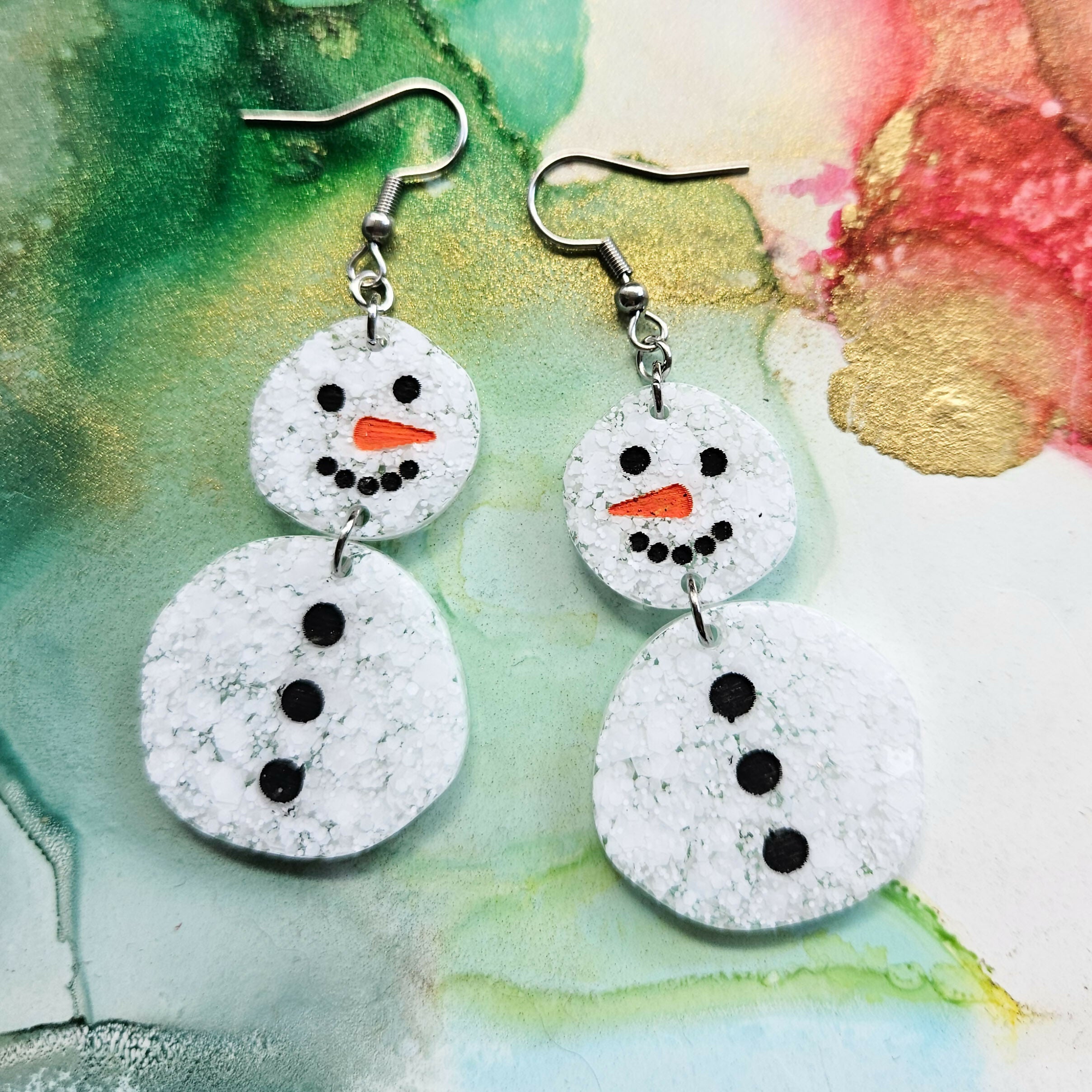 Handmade Resin Glitter Snowman Christmas Earrings